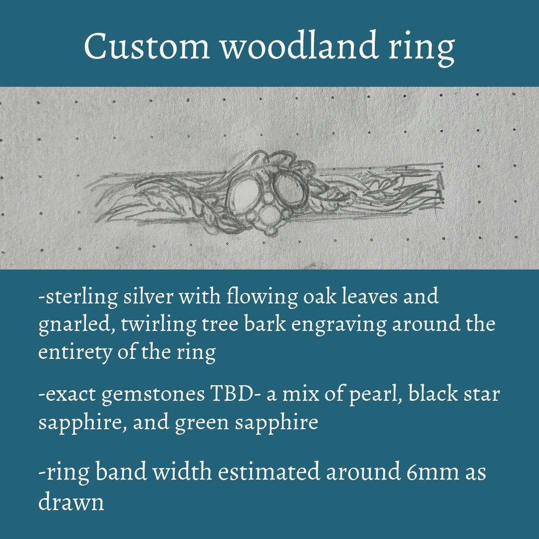 Reserved- custom woodland ring with sapphire, star sapphire, and pearl