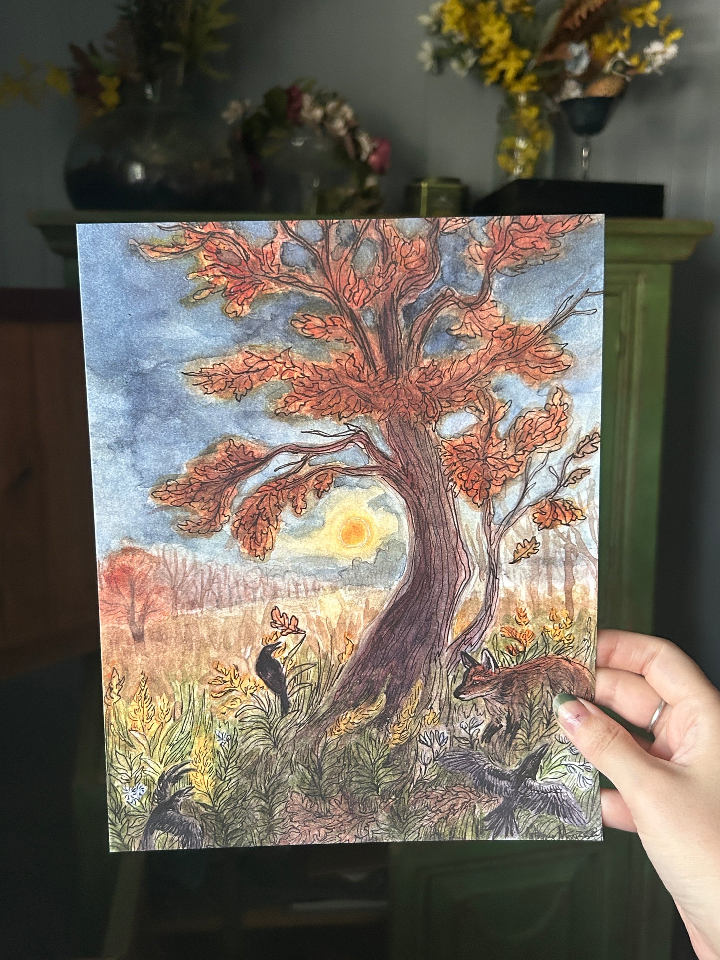 Art print Fox and Crows under the Harvest moon 8x10 size