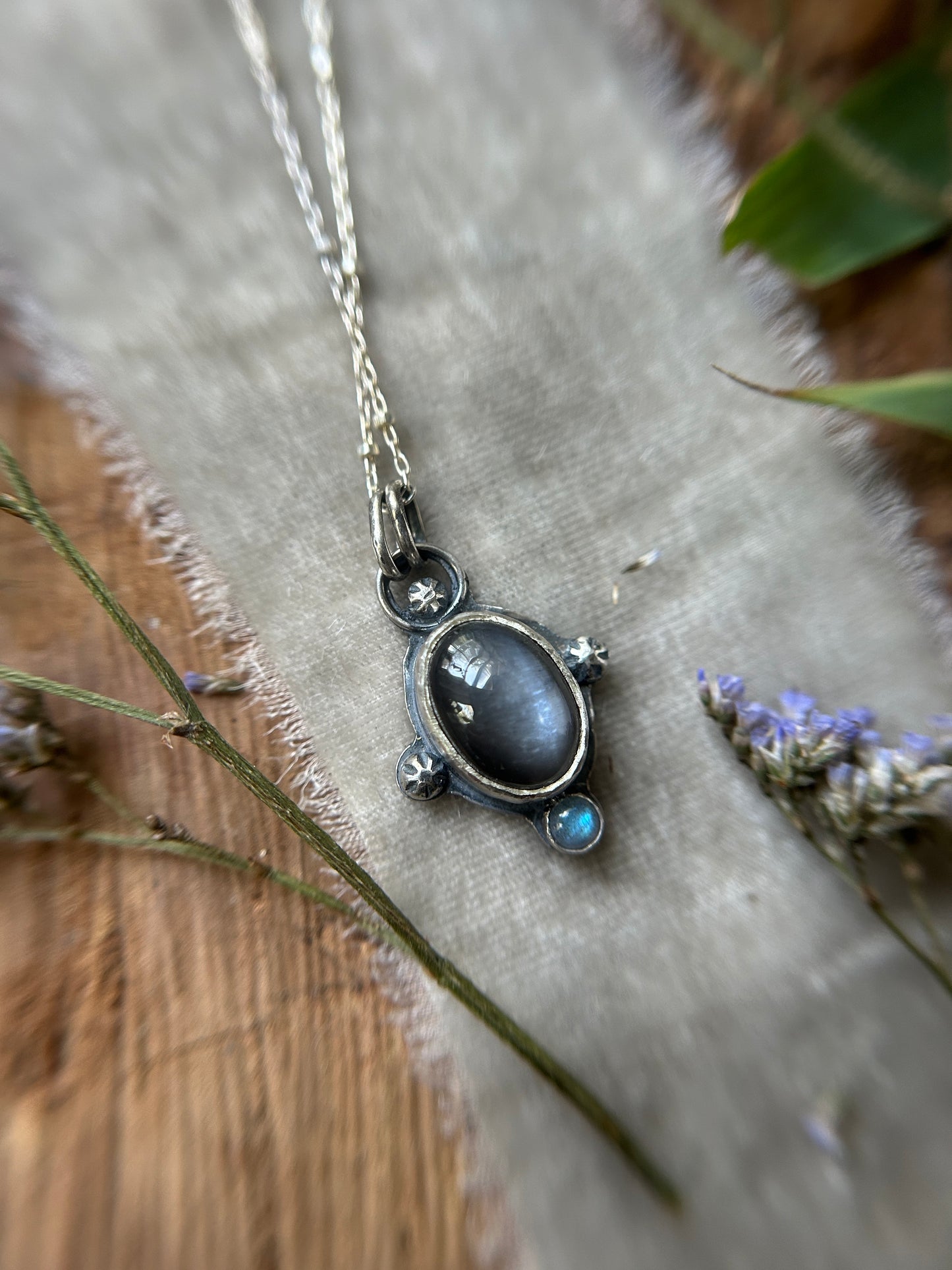 Grey Moonstone with stormy seas selkie back and labradorite necklace- sterling silver jewelry