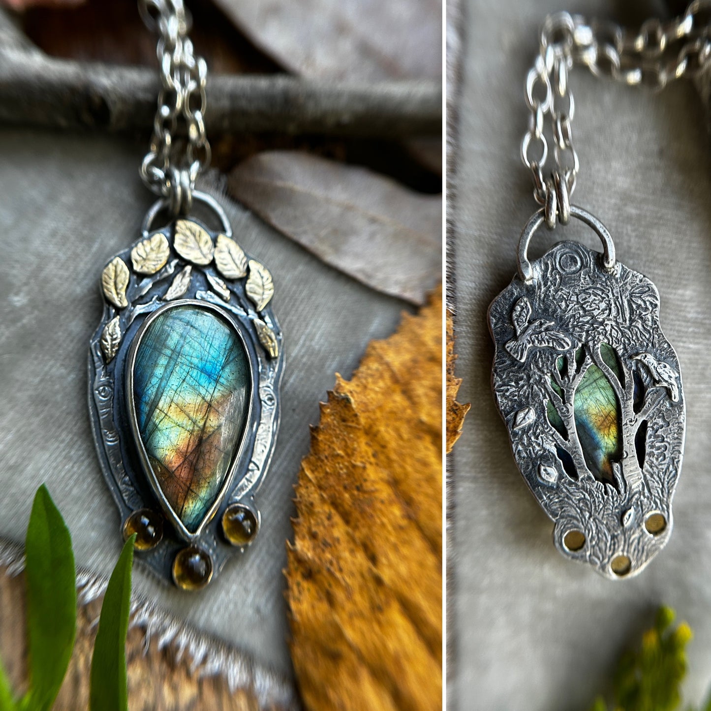 Aspen Crown Labradorite Necklace with Citrine and hidden crow forest tree back- sterling silver jewelry