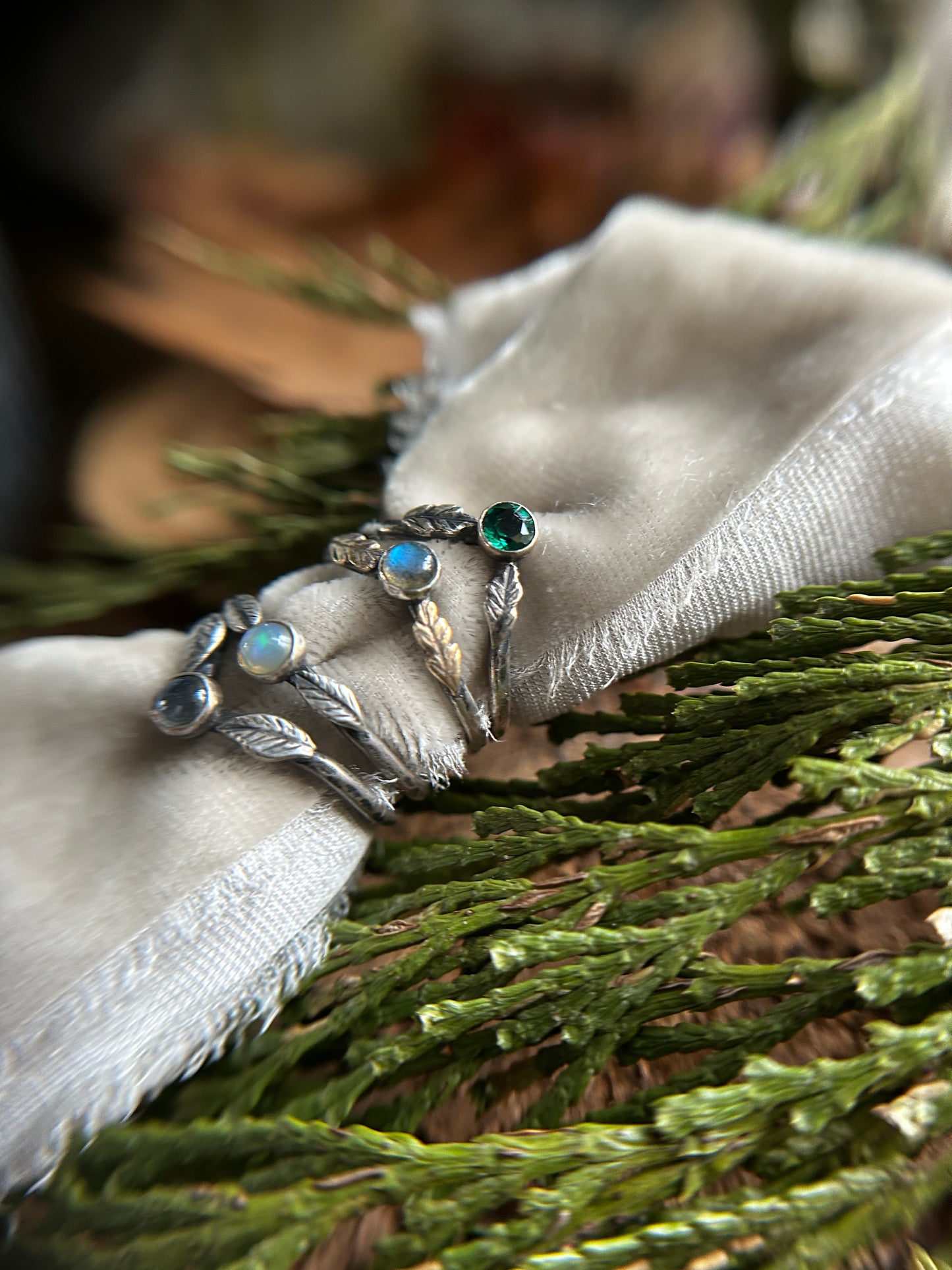 Woodland leaf stackable ring- choice of gemstone, leaves, and ring size sterling silver with choice of brass or copper made to order jewelry