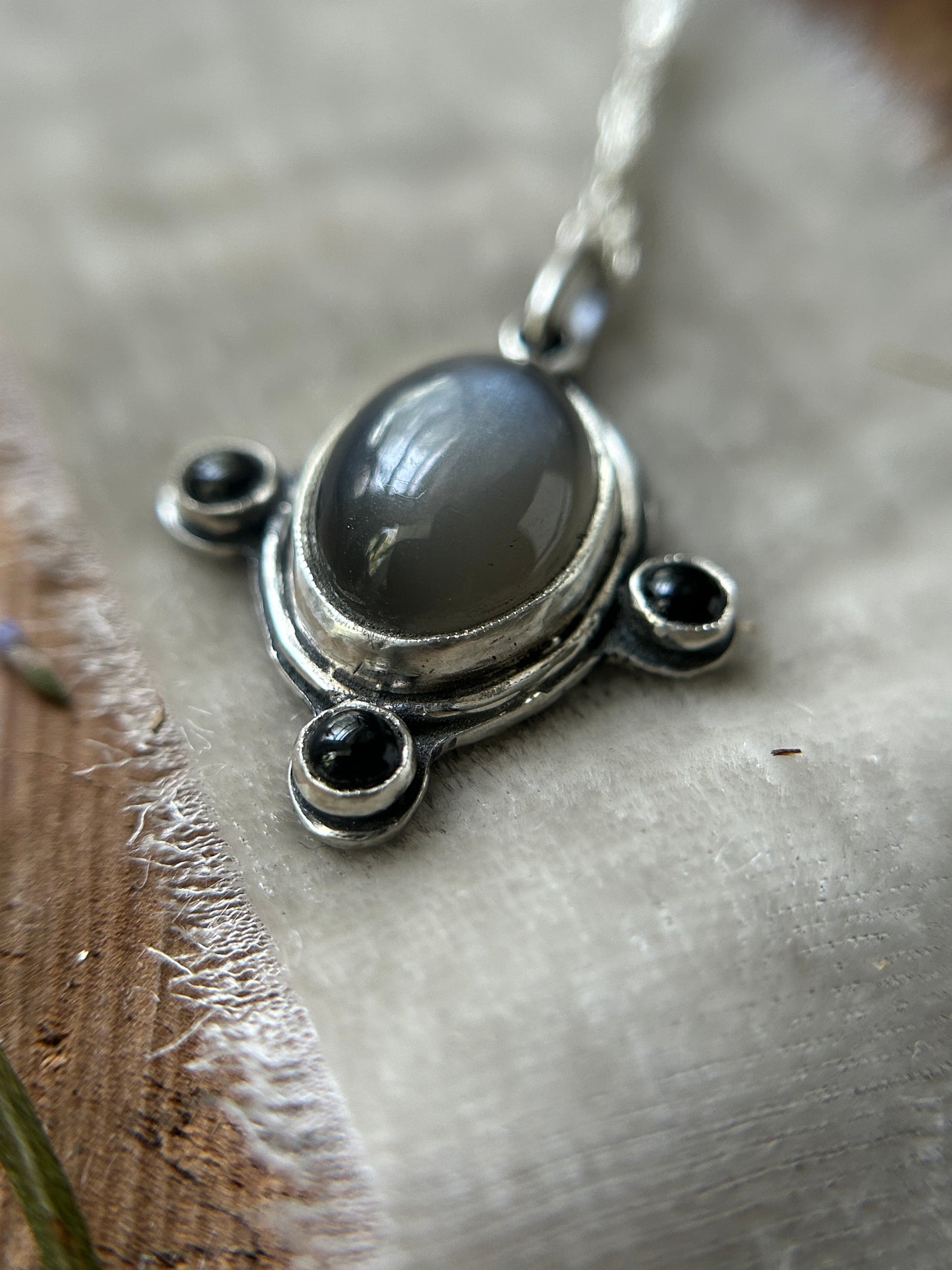 Weeping Willow Grey Moonstone and black onyx necklace- sterling silver jewelry