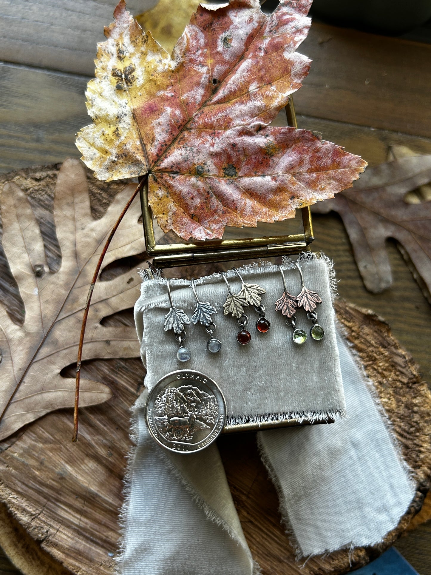 Woodland Leaf Earrings- sterling silver, brass, copper options with gem charm- jewelry