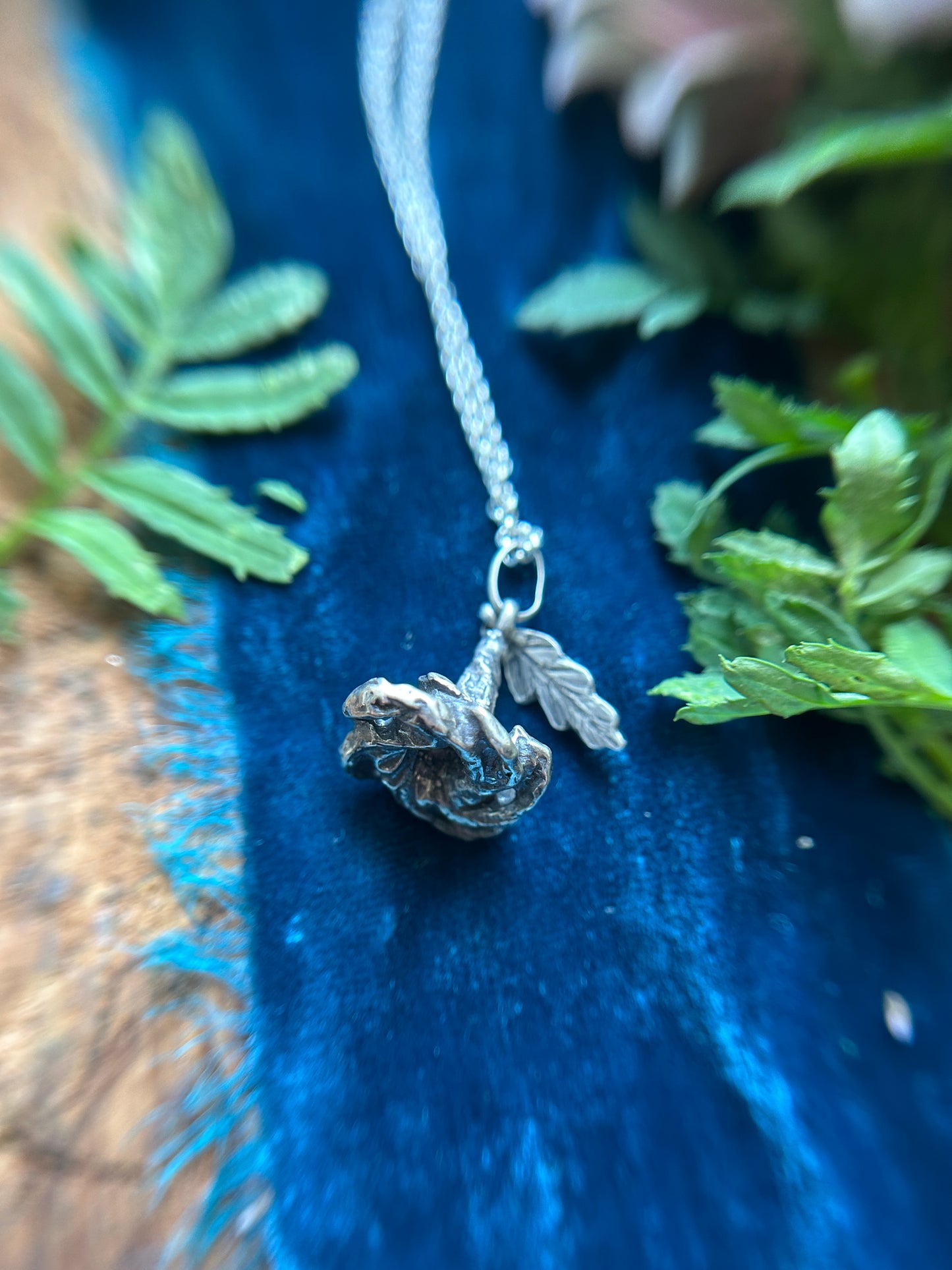 Datura Blossom Necklace with leaf- lost cast sterling silver jewelry