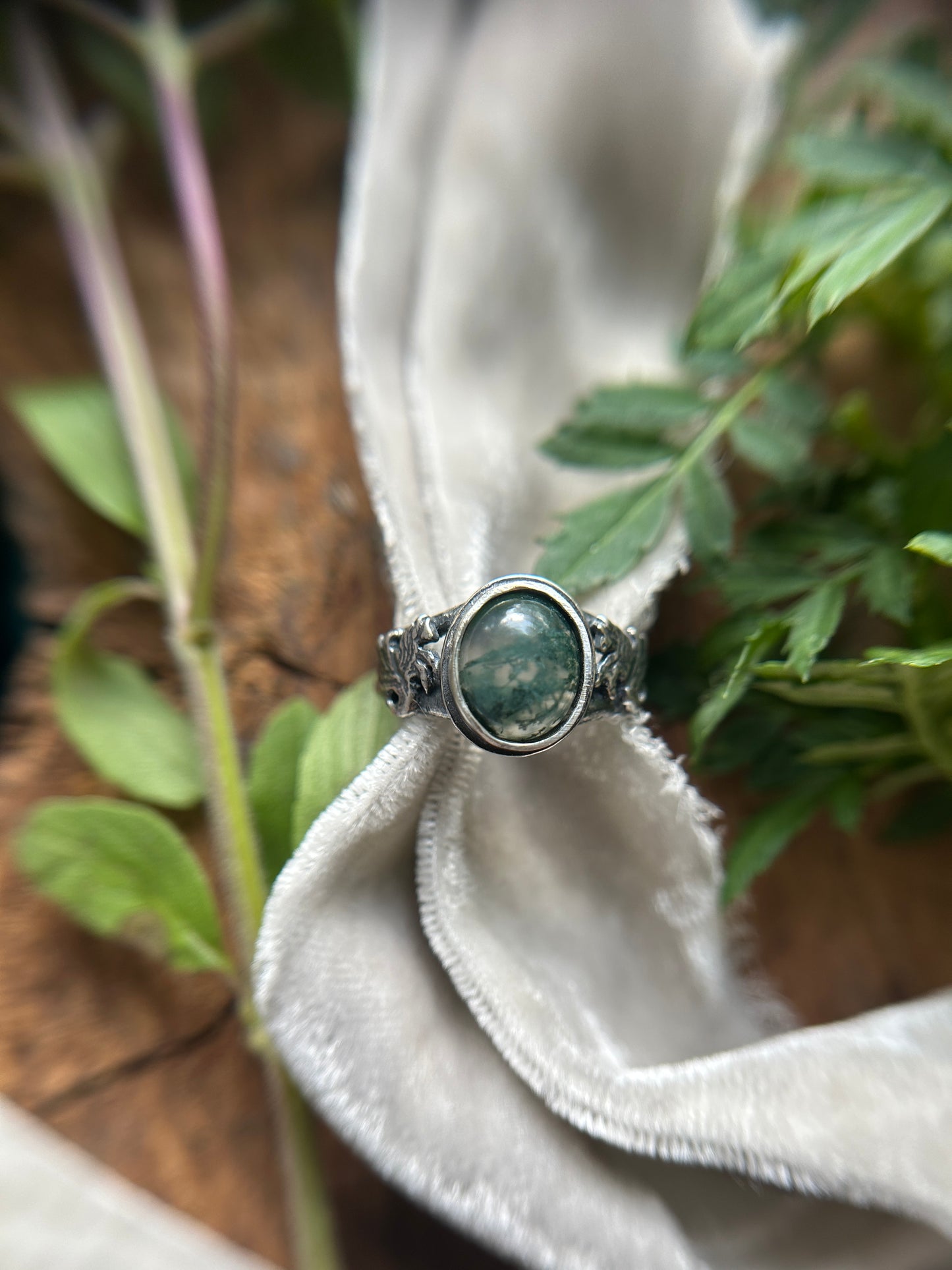 Kelpie Ring with Moss Agate- sterling silver jewelry