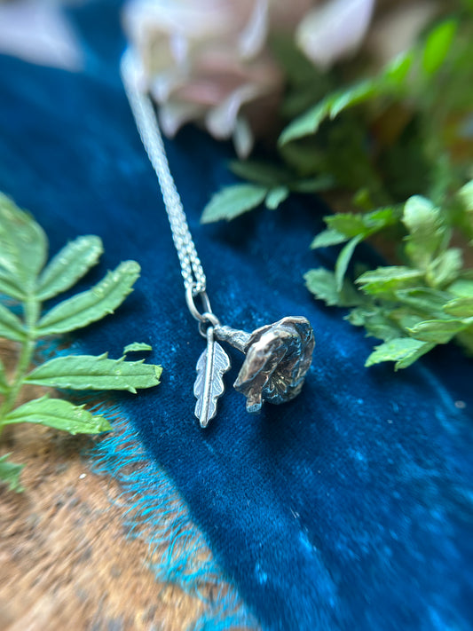 Datura Blossom Necklace with leaf- lost cast sterling silver jewelry