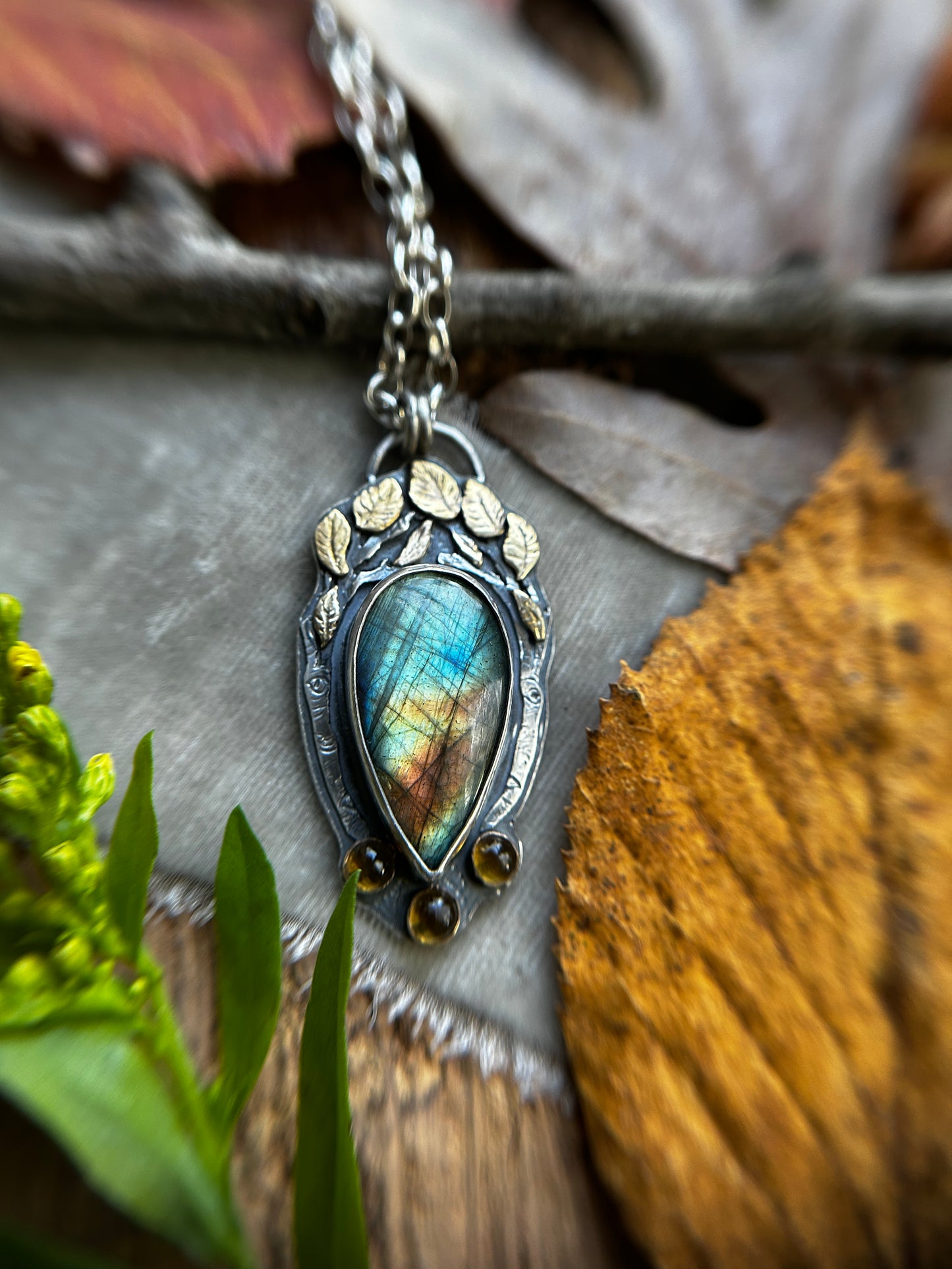 Aspen Crown Labradorite Necklace with Citrine and hidden crow forest tree back- sterling silver jewelry
