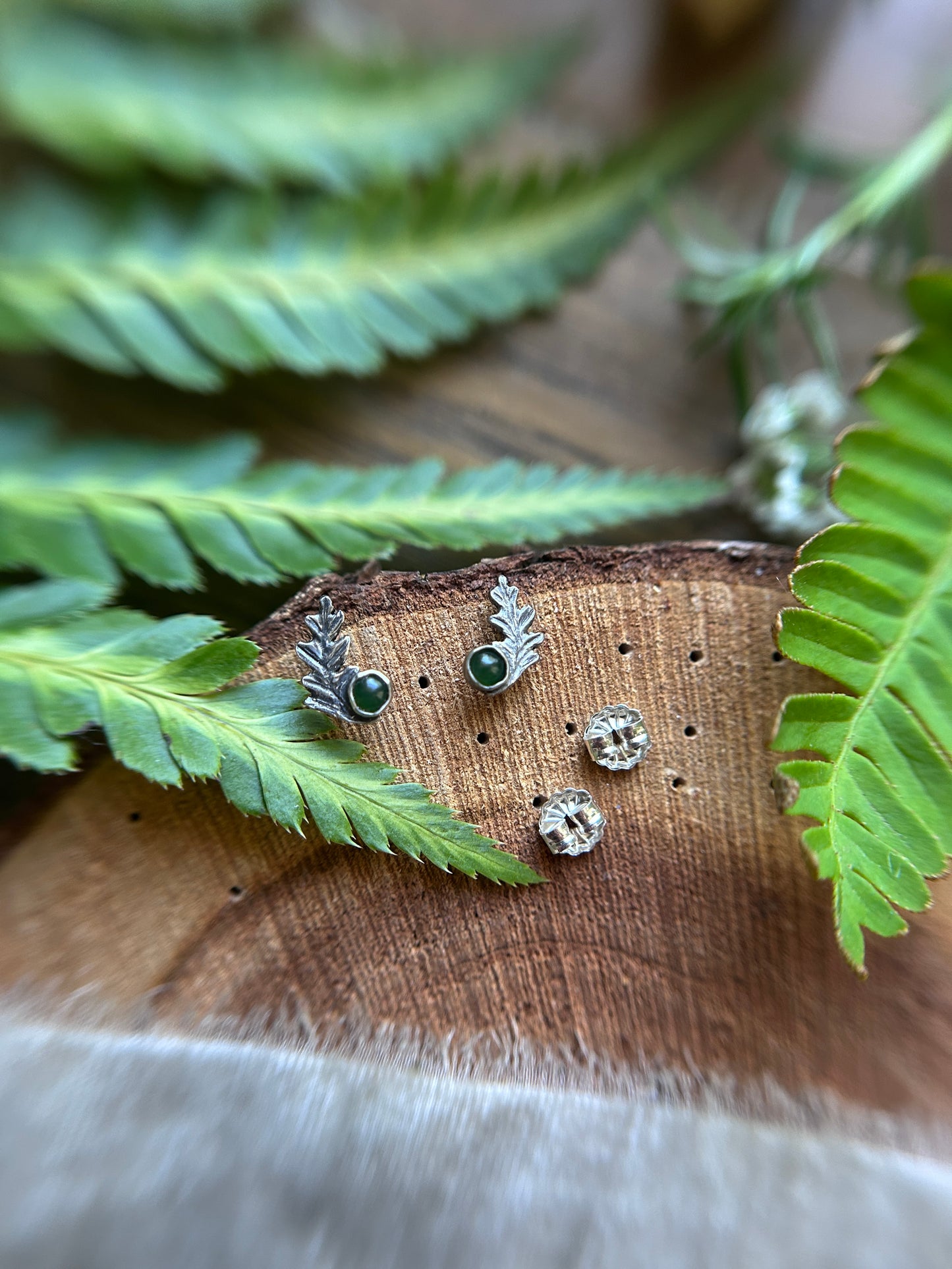 Fern Sprigs with Jade earrings- post style sterling silver jewelry