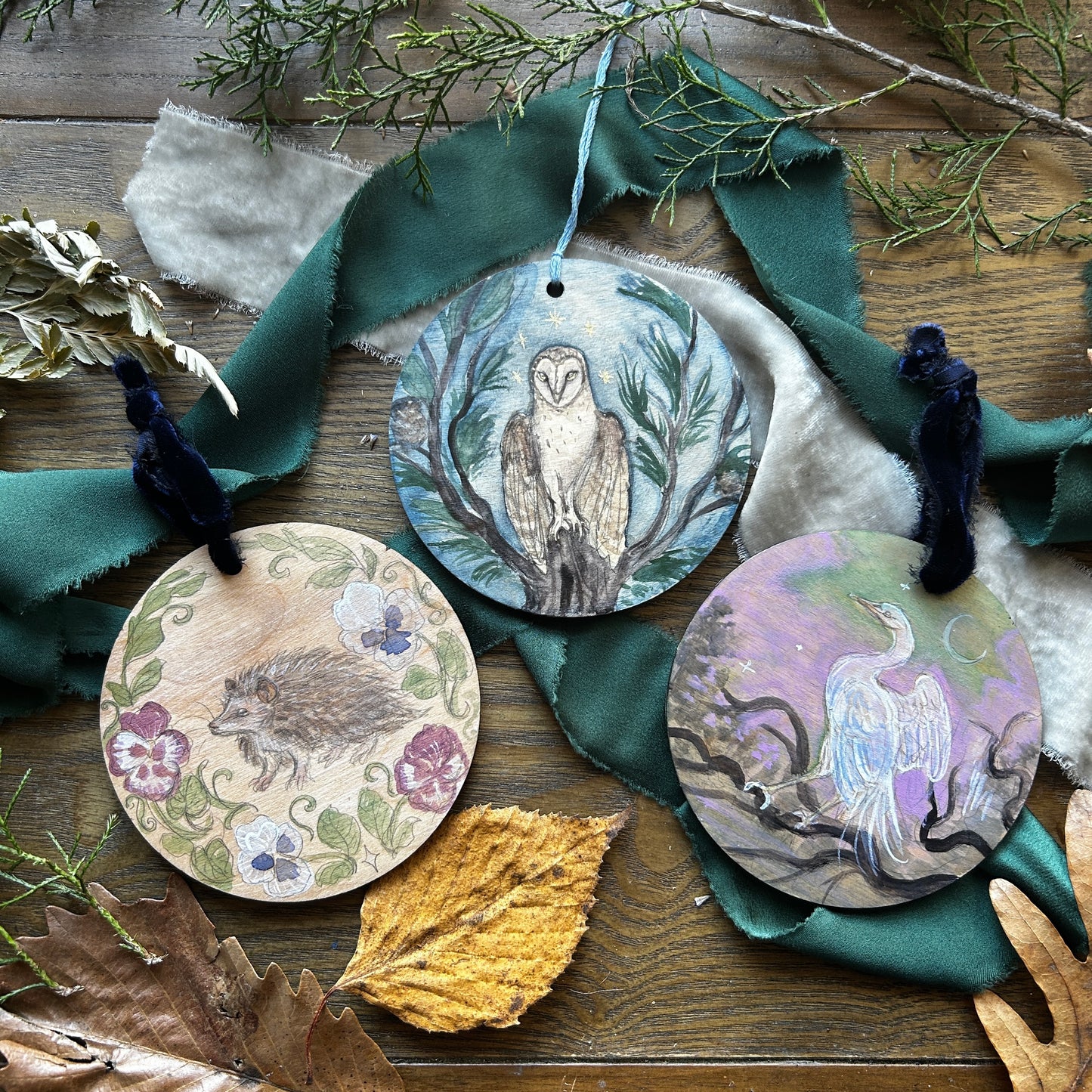 Handpainted Ornaments- watercolor on wood Woodland Creature Ornaments