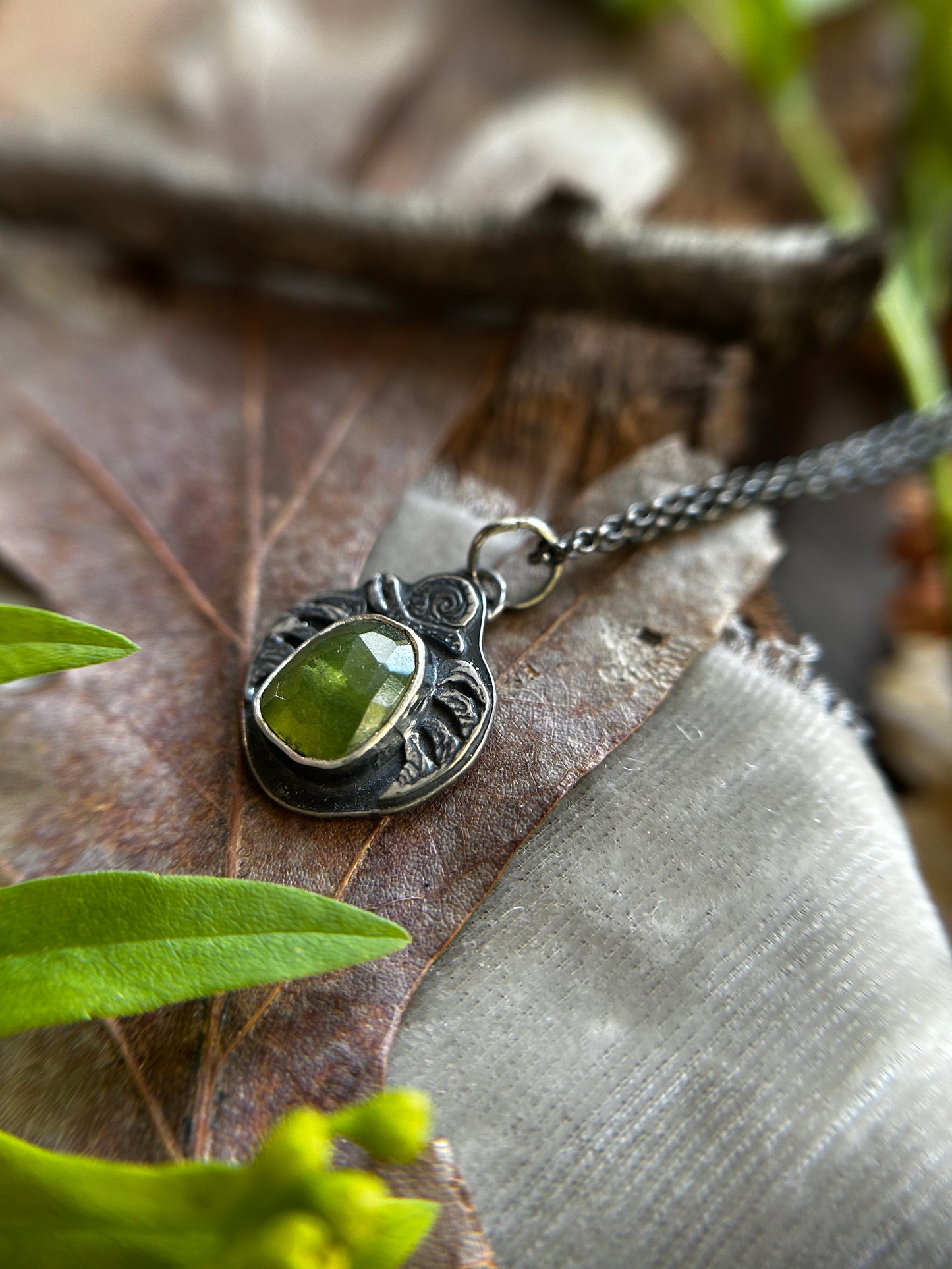 Fern Snail with Vesuvianite Necklace- sterling silver jewlery