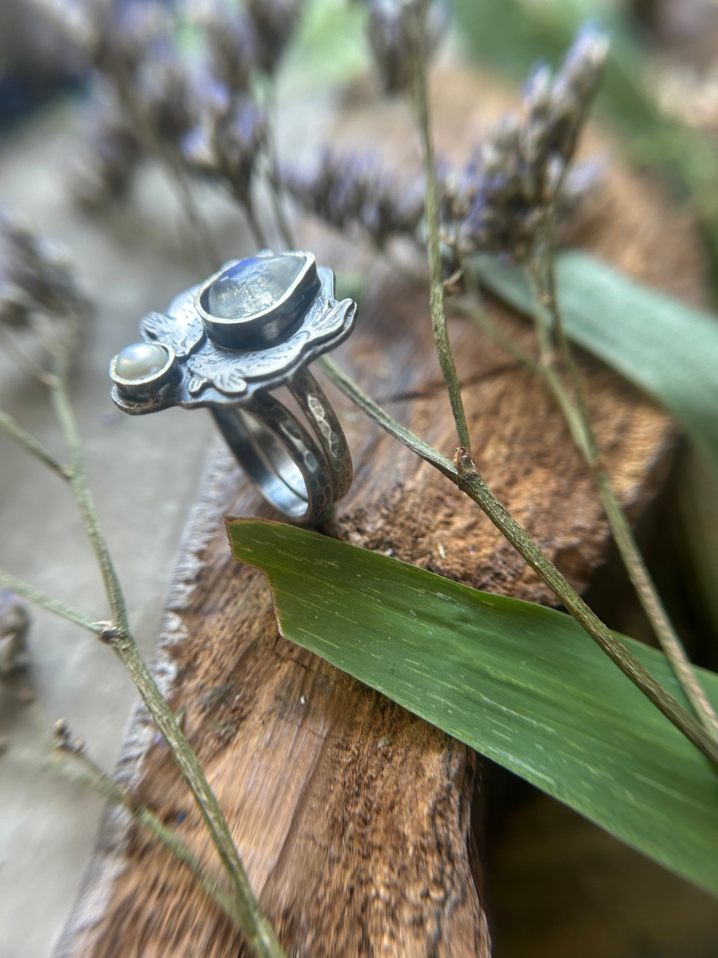 Selkie Tears Ring with Rainbow Moonstone and Pearl- sterling silver jewelry