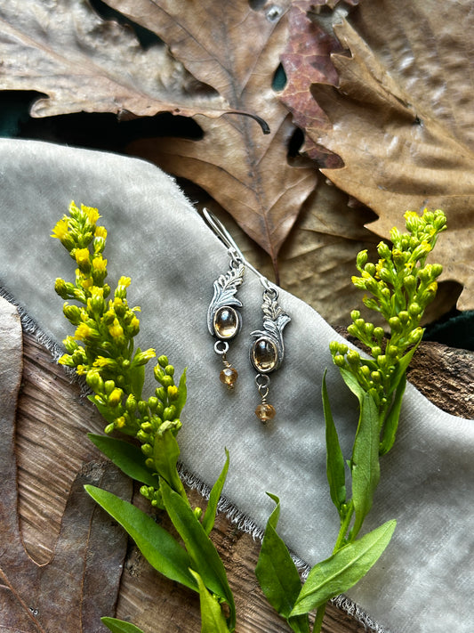 Goldenrod Earrings with Imperial Topaz and Hessonite Garnet- Brass and sterling silver jewelry