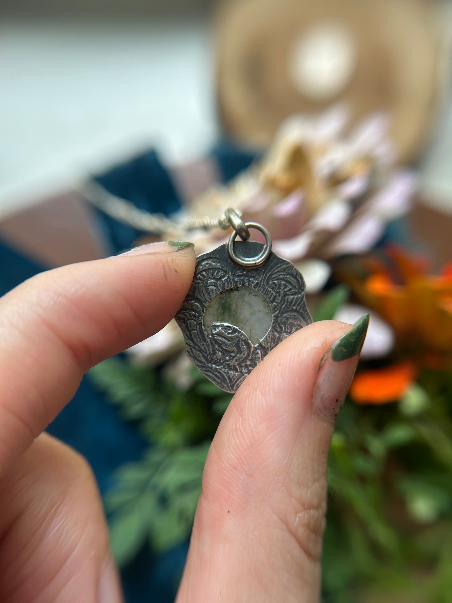 Fairy Ring Necklace with moss agate, opal, snail, and mushrooms- sterling silver jewelry