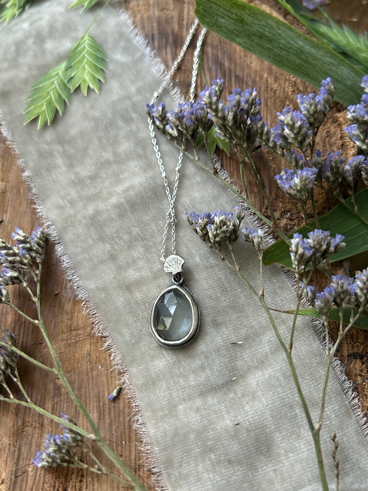 "Mini" weeping willow & urn grey moonstone necklace- sterling silver jewelry