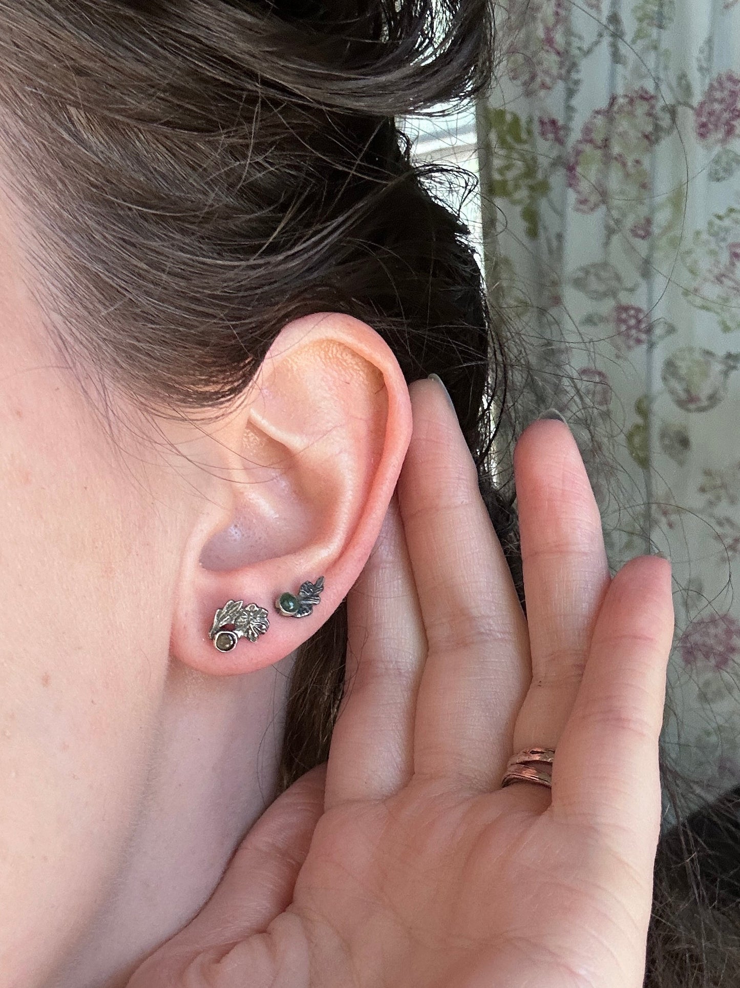 Hellebore flower post earrings with black star sapphire- Sterling silver jewelry