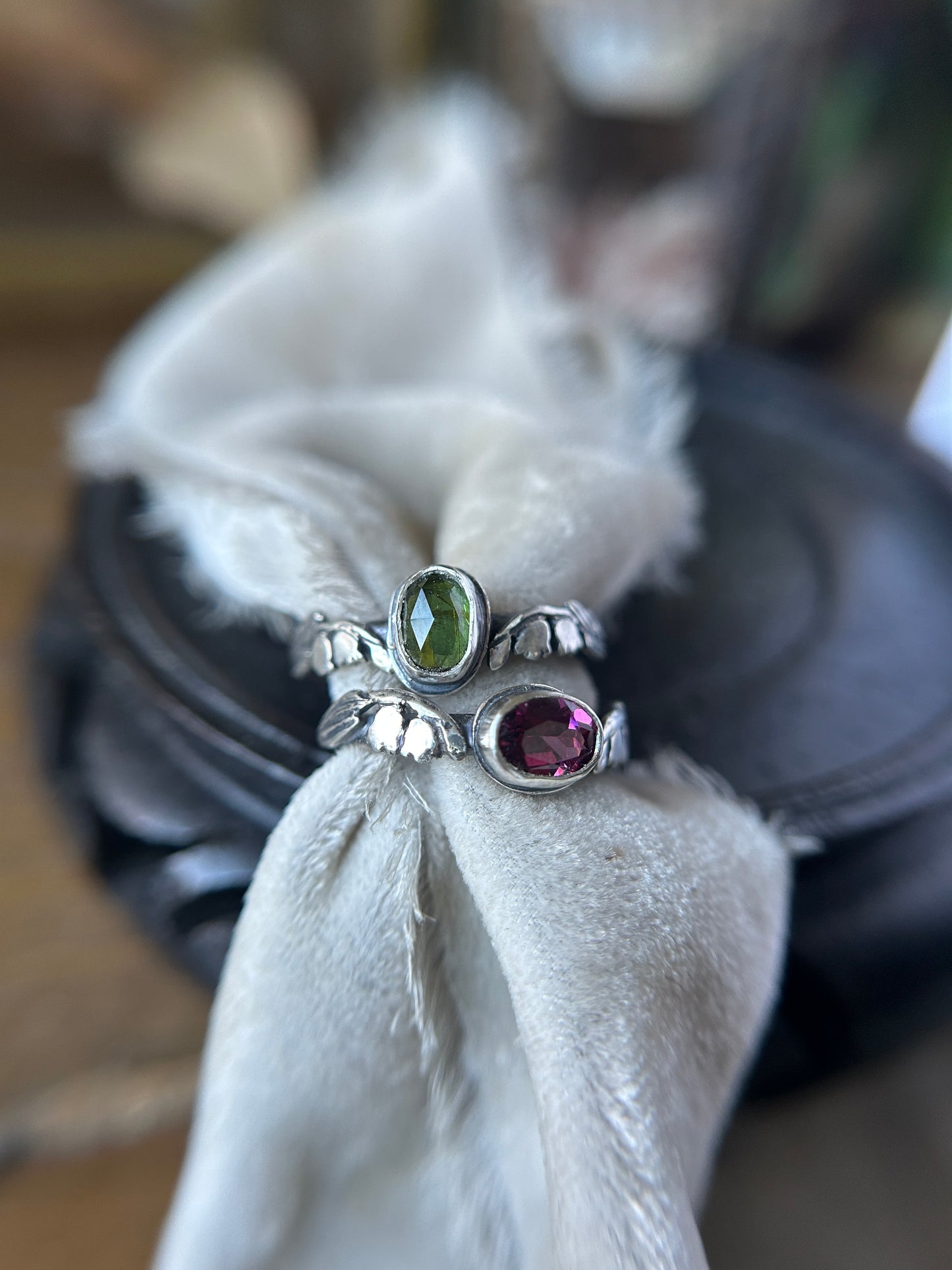 Ready to ship Lily of the valley ring- choice of green tourmaline or rhodolite garnet- sterling silver