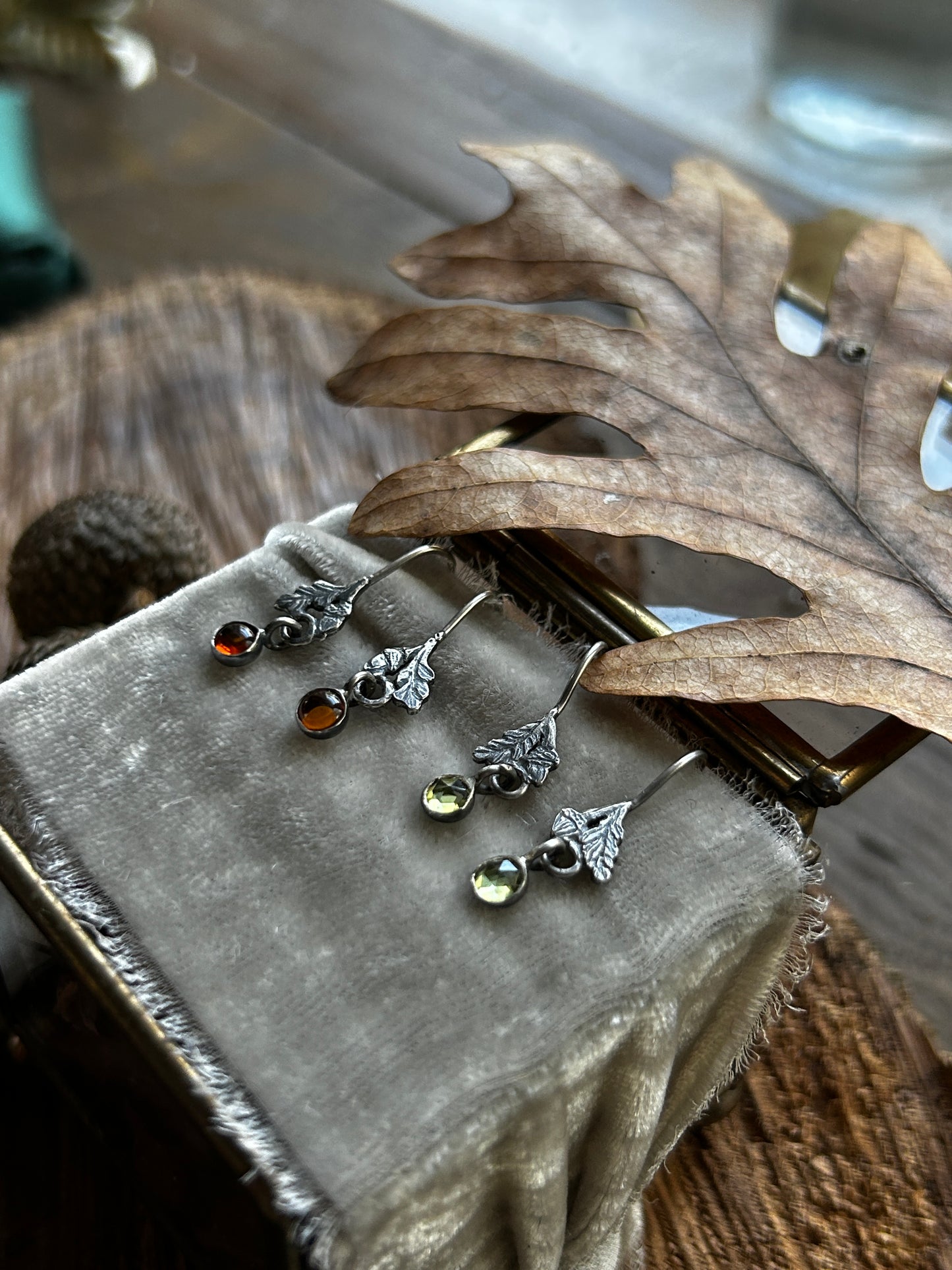 Oak leaf and Acorn Earrings- Sterling silver jewelry with gemstone charm