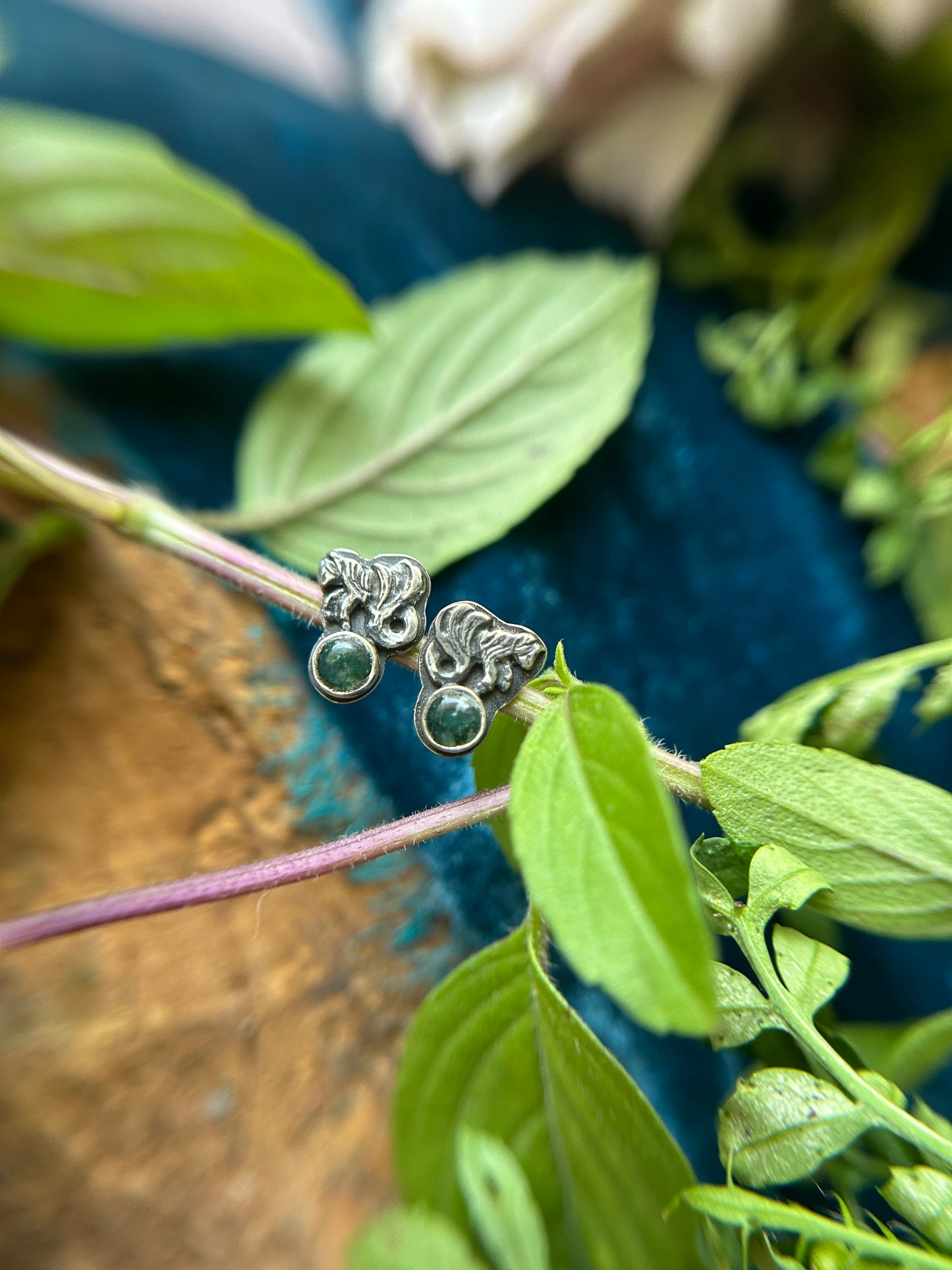 Mini Kelpie Earrings with moss agate- sterling silver jewelry