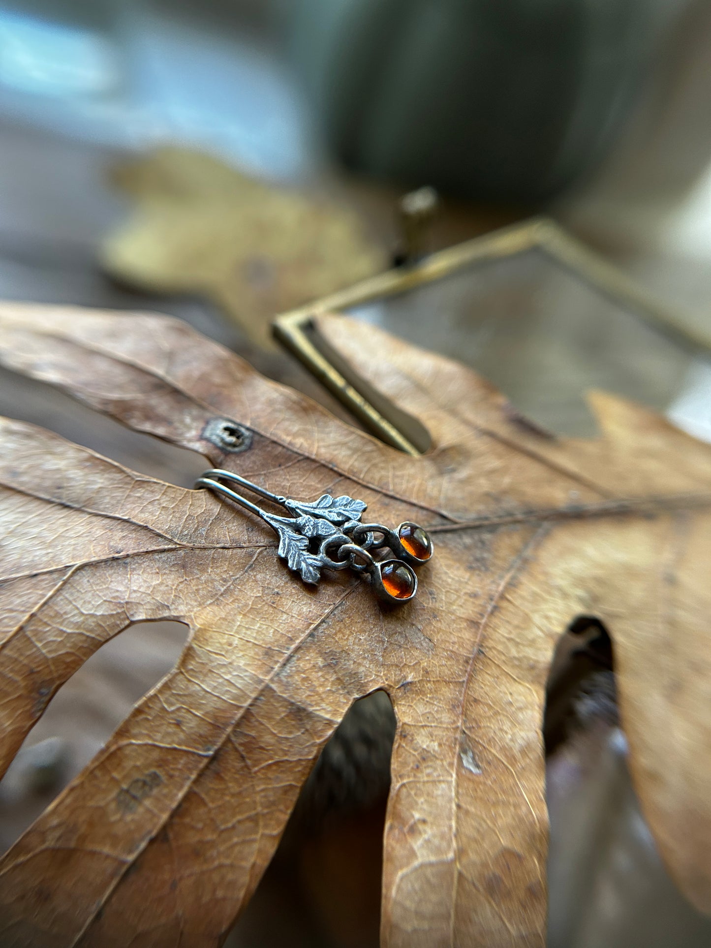 Oak leaf and Acorn Earrings- Sterling silver jewelry with gemstone charm