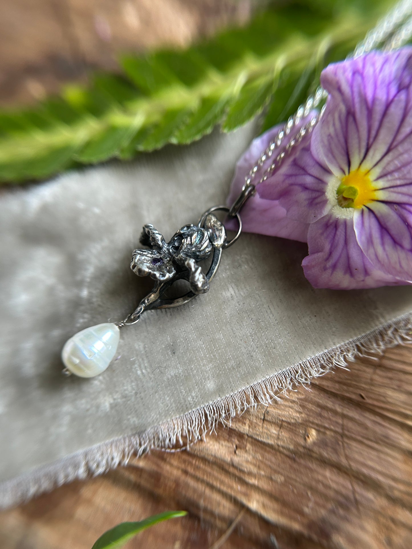 Iris with amethyst and baroque pearl drop necklace- Sterling silver jewelry