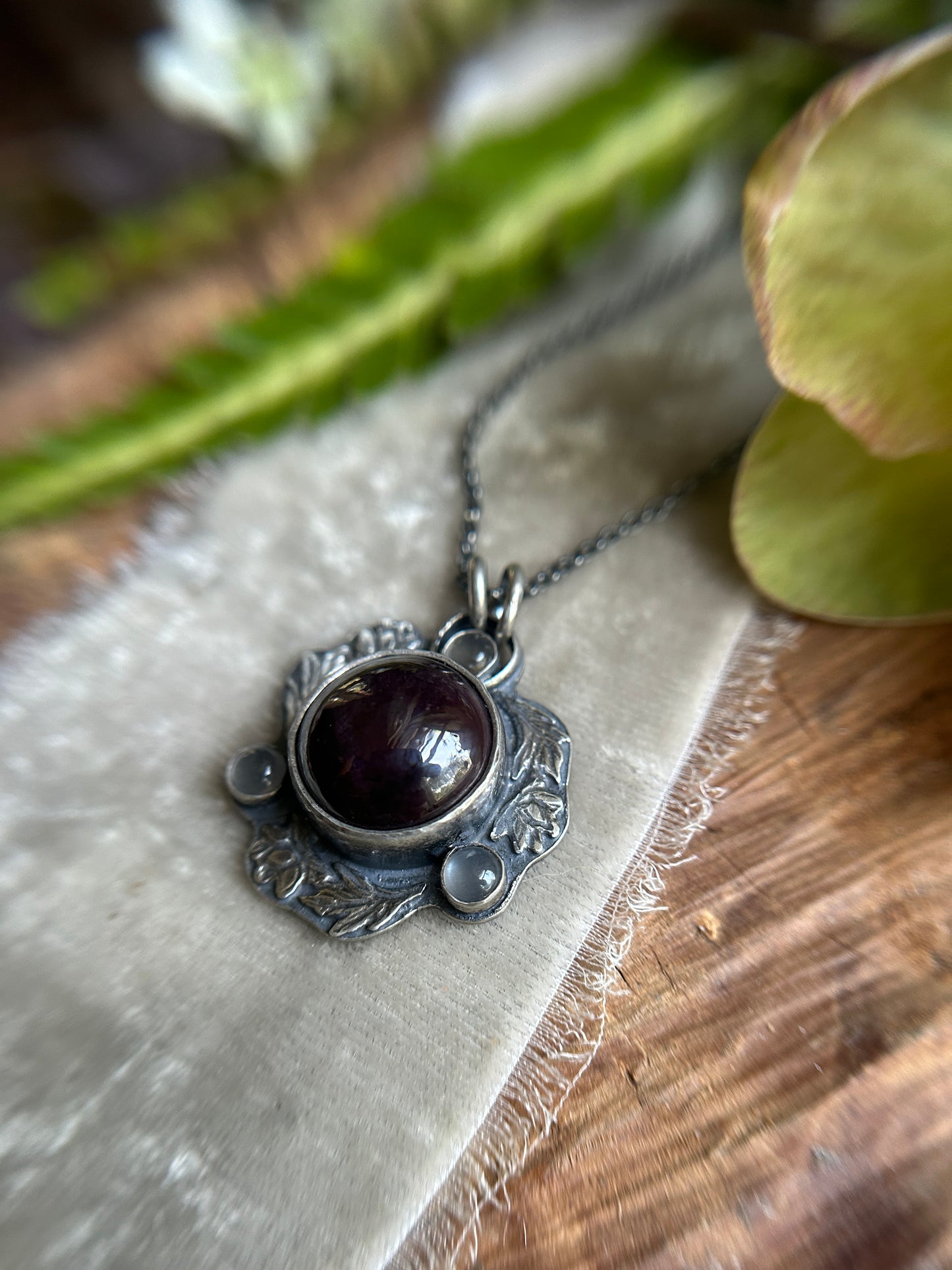 Star garnet and grey moonstone hellebore flower necklace- Sterling silver jewelry