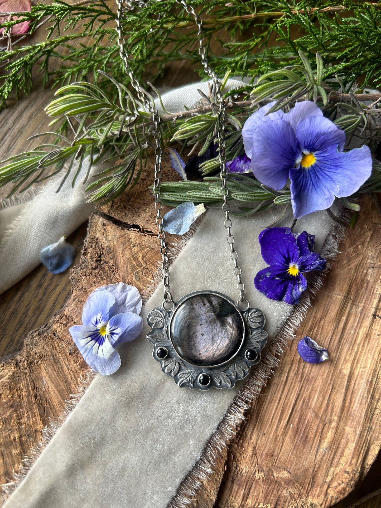 Hellebore Flowers with Hypersenthe and Black onyx- sterling silver necklace with adjustable chain