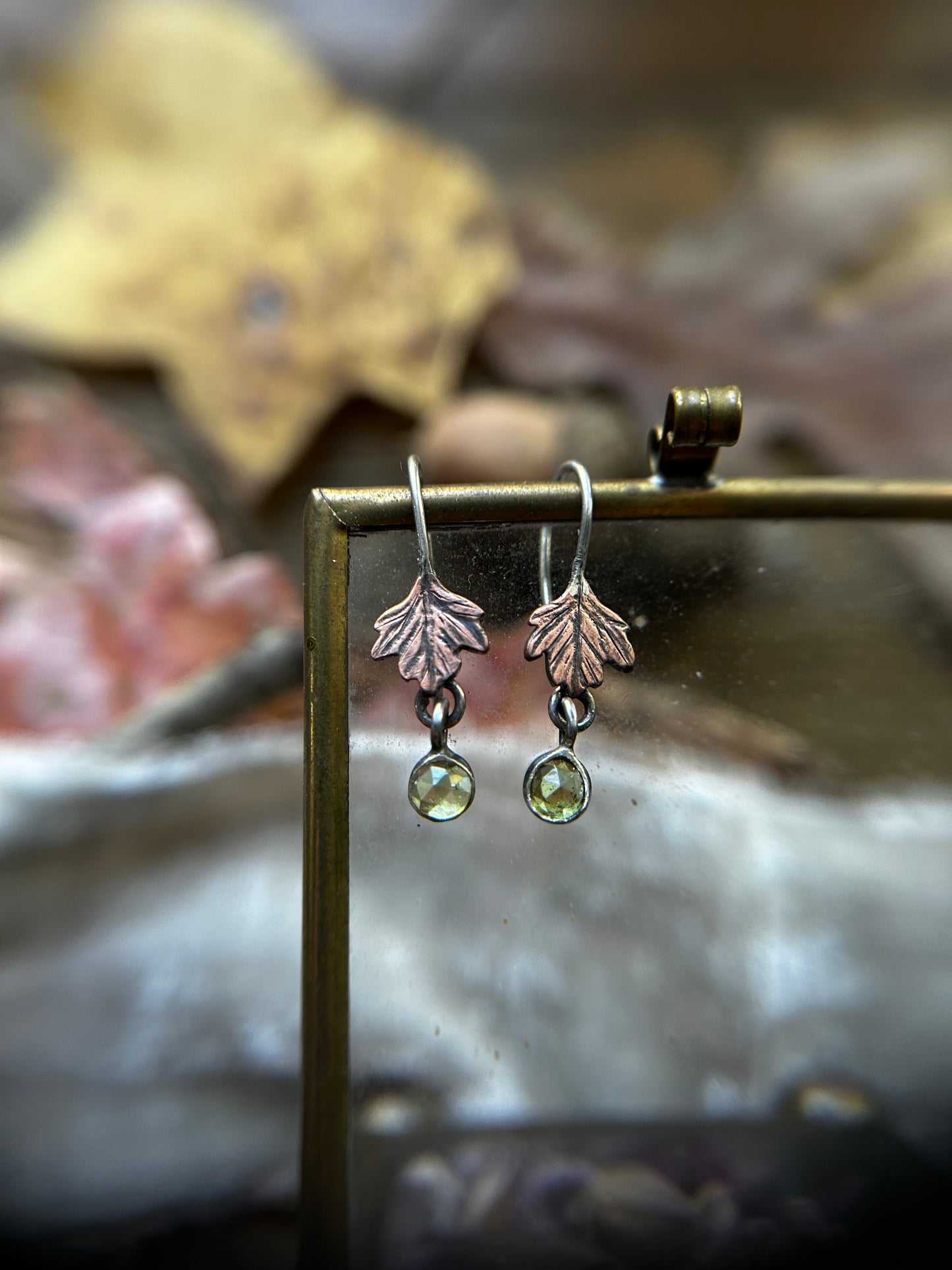 Woodland Leaf Earrings- sterling silver, brass, copper options with gem charm- jewelry