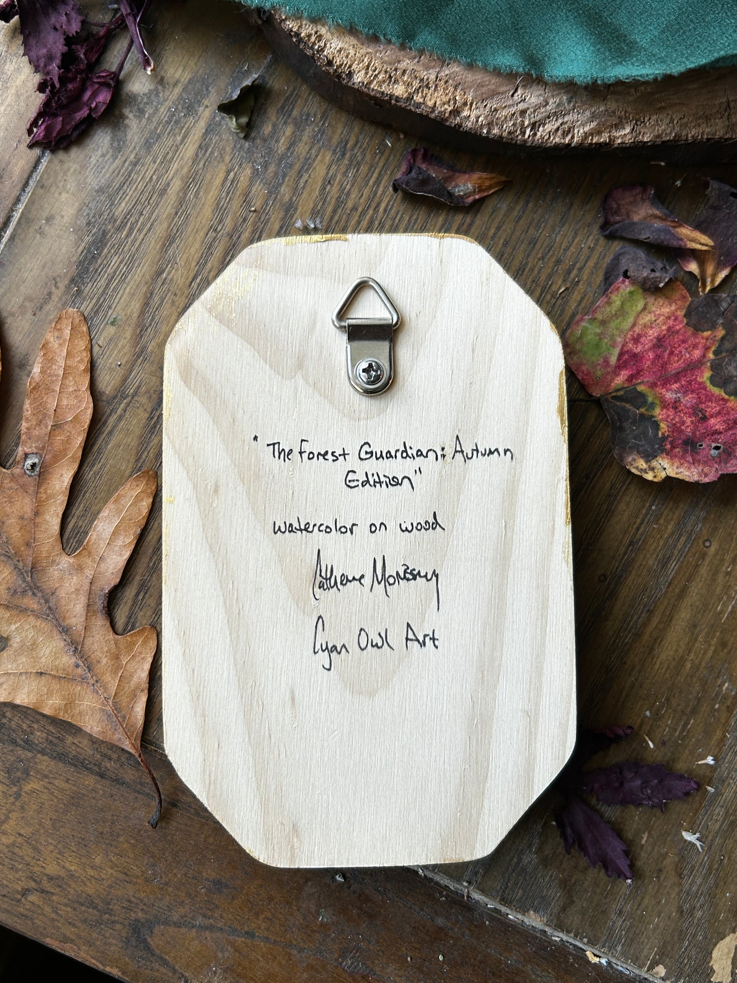 Original miniature watercolor painting on wood- ready to display art- deer fawn, barred owls, crows, autumn forest, goldenrod, blackberry bramble