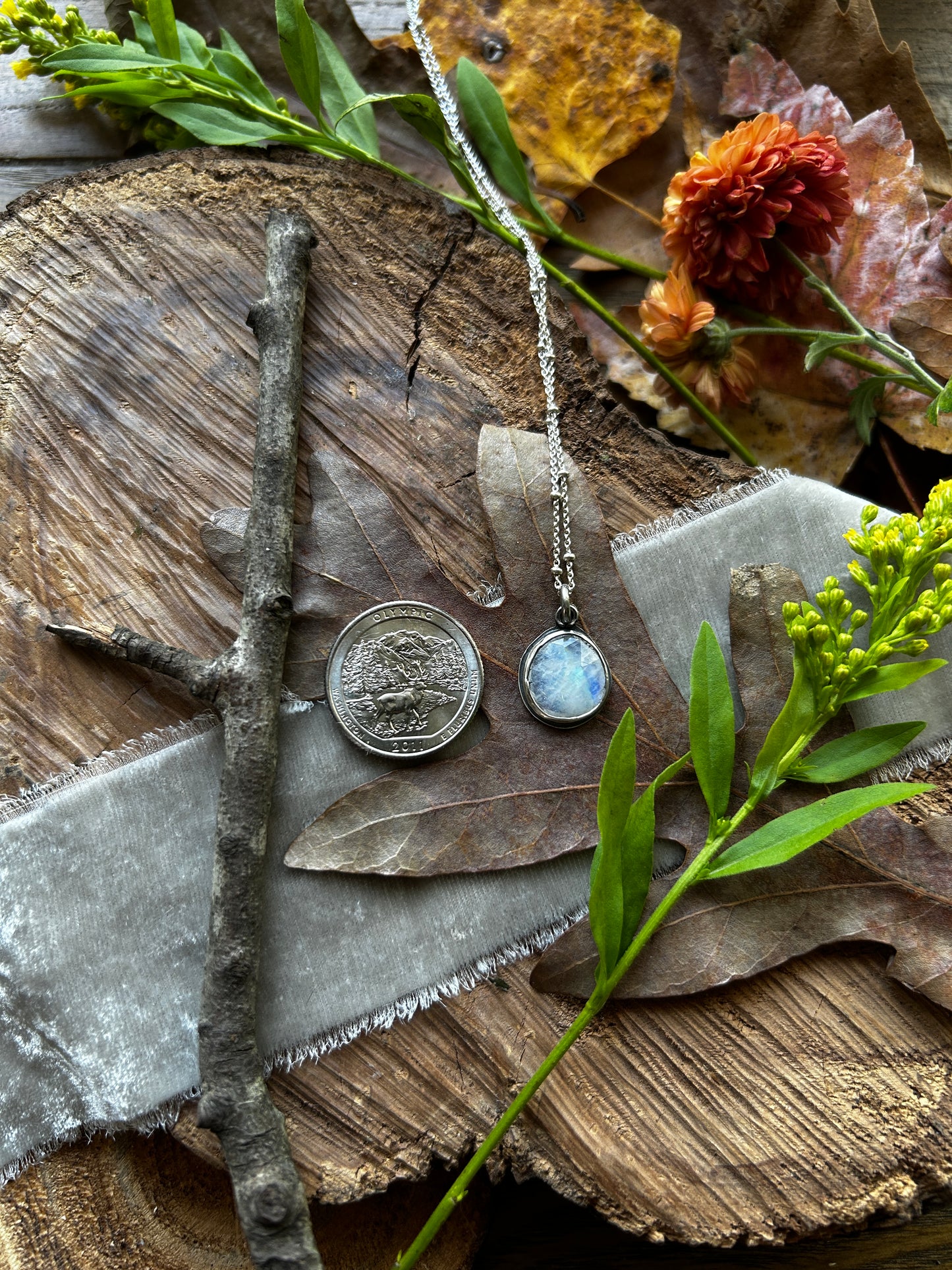 Rainbow moonstone hidden oak & acorn necklace- Sterling silver jewelry