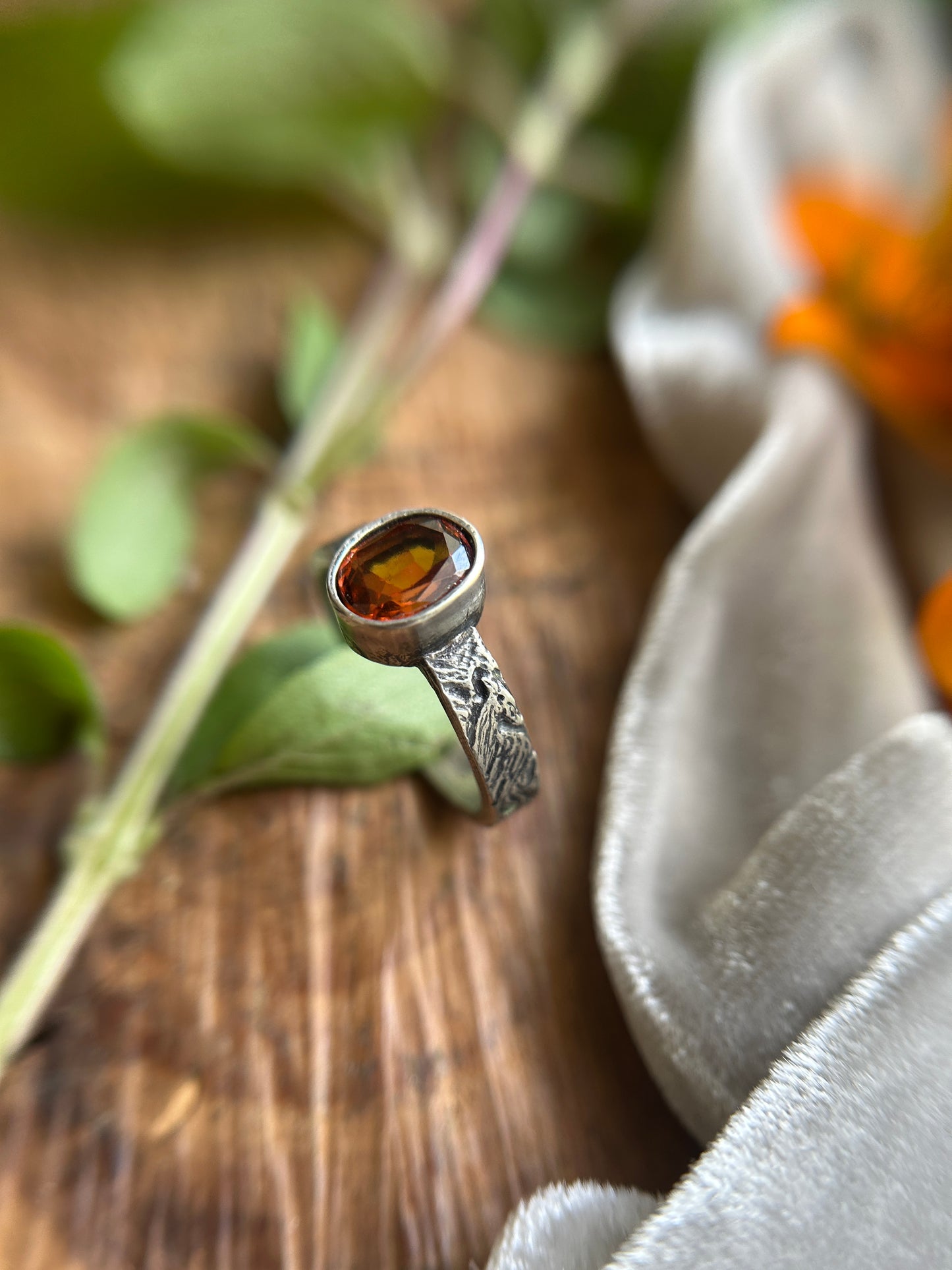 Phoenix in Flight engraved ring with Hessonite Garnet- sterling silver jewelry