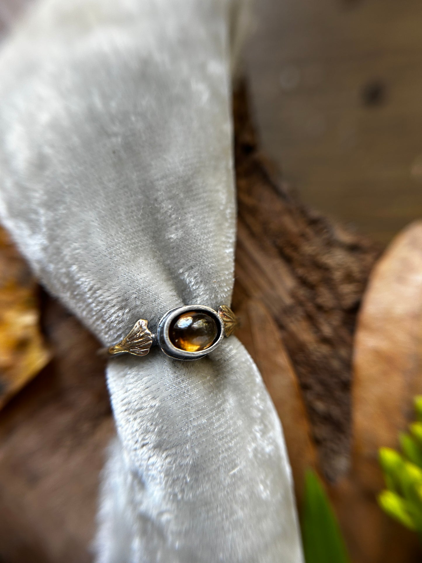 Ginkgo Leaves and Imperial Topaz Ring- sterling silver and brass jewelry