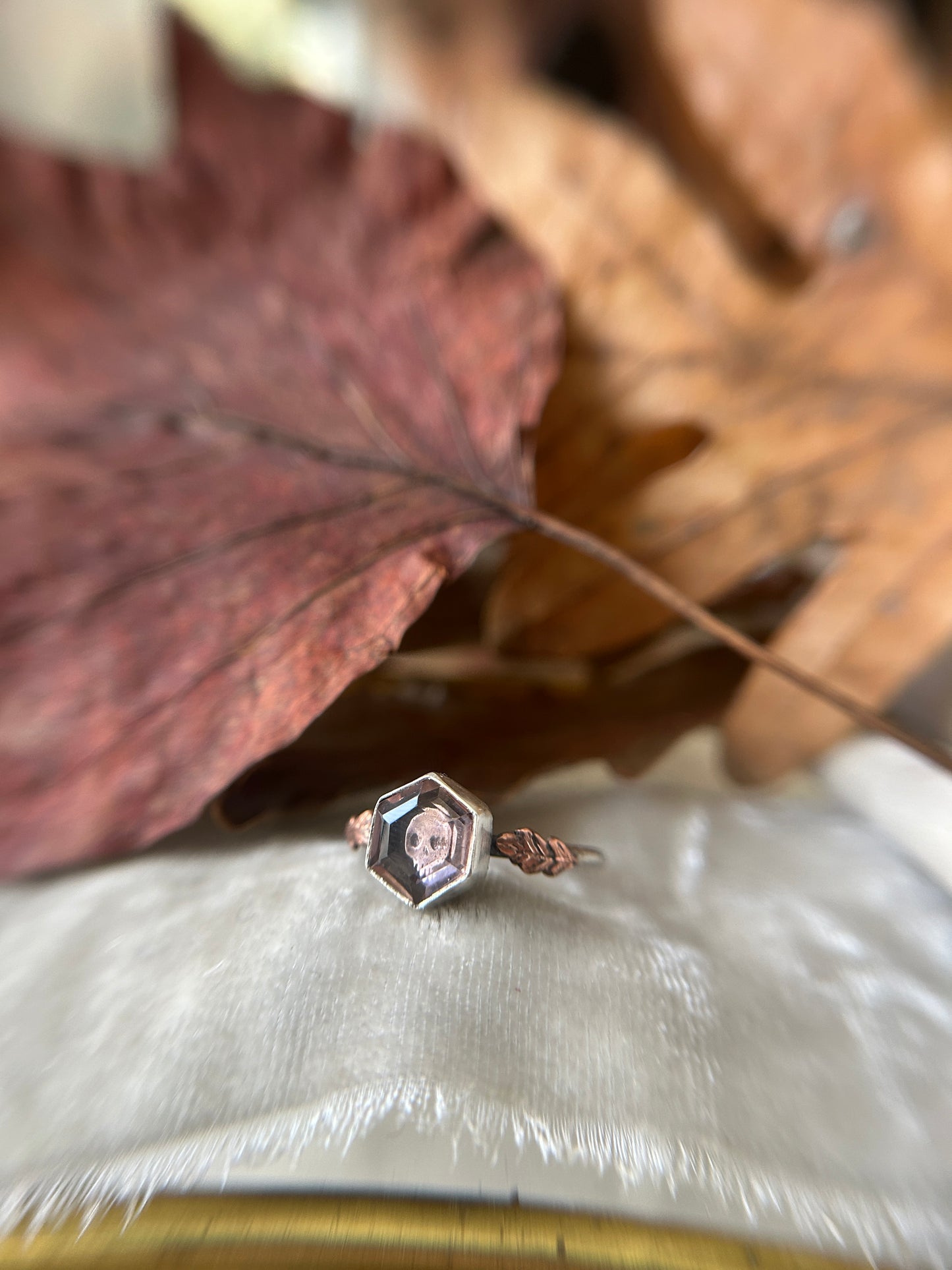 Preorder-autumn peach quartz oak leaf ring with your choice of under gem design- Sterling silver jewelry
