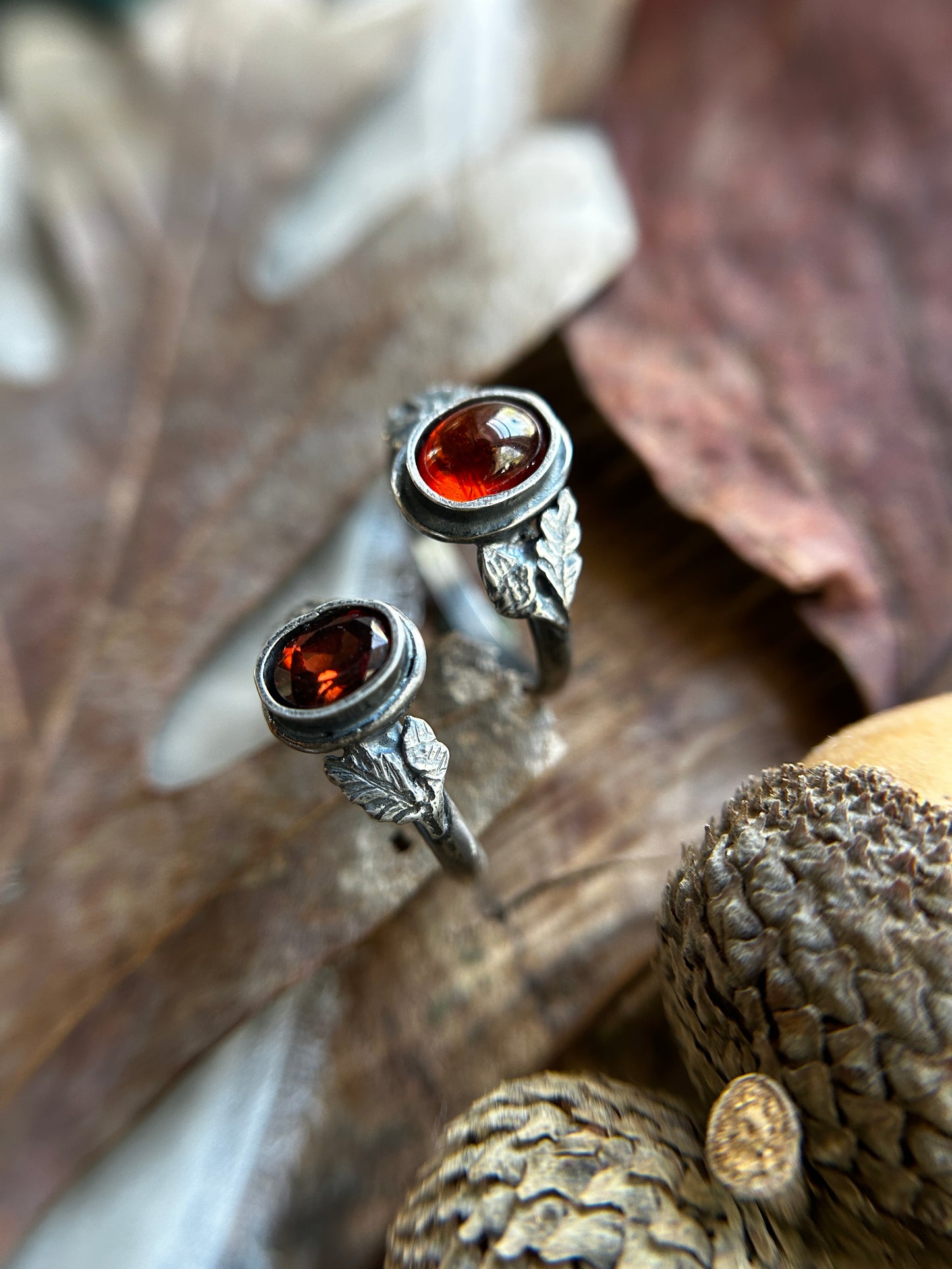 Oak and Acorn Ring in choice of zircon or hessonite garnet- sterling silver jewelry
