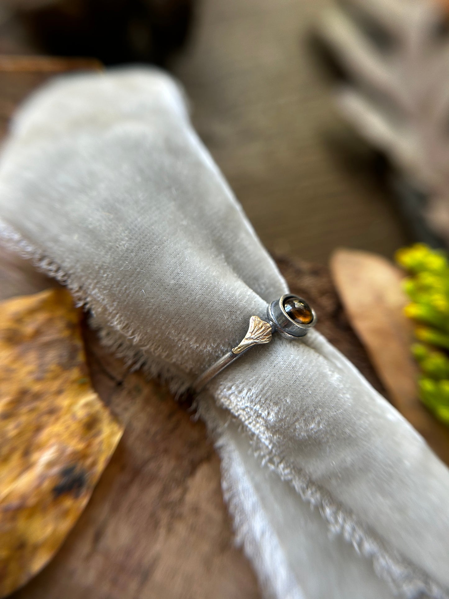 Ginkgo Leaves and Imperial Topaz Ring- sterling silver and brass jewelry