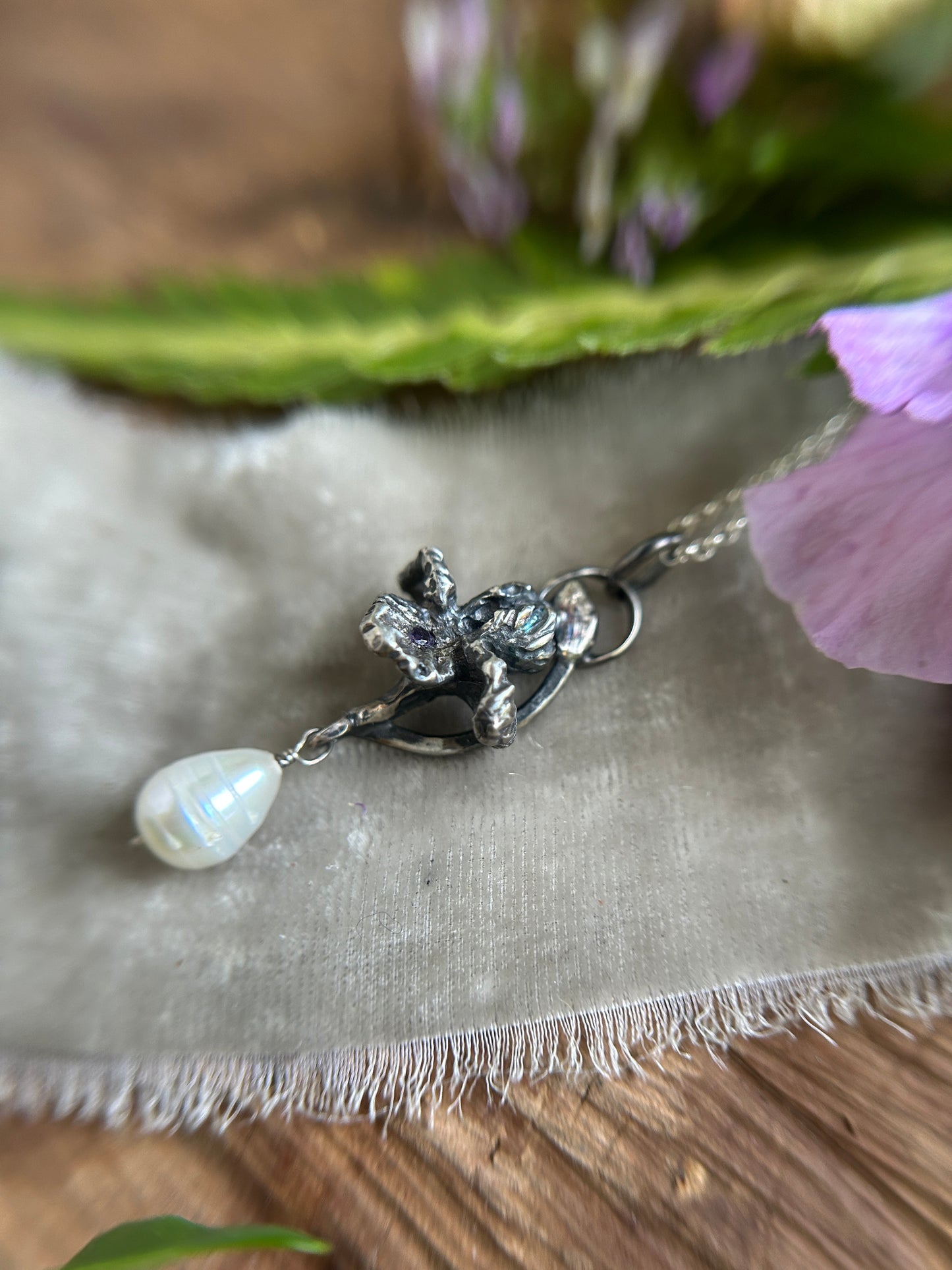 Iris with amethyst and baroque pearl drop necklace- Sterling silver jewelry