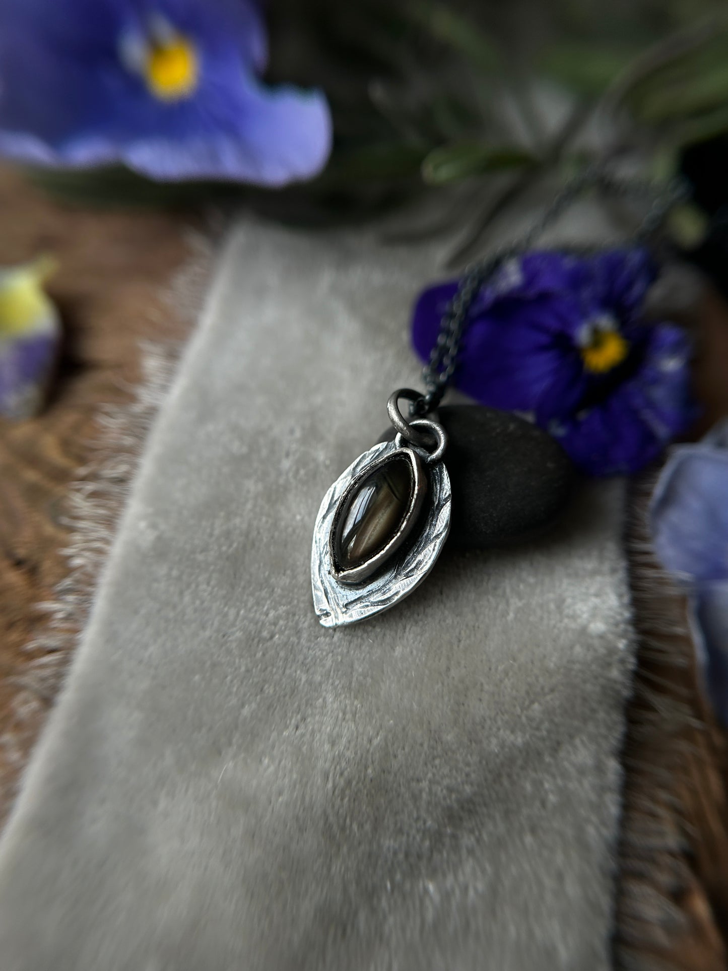 Black Star Sapphire with Woodpecker and Tree Branch Engraved Necklace- sterling silver