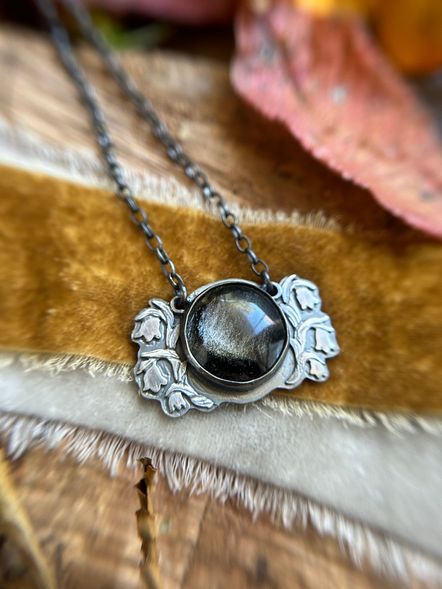 Silver sheen obsidian with ghost pipe mushrooms and moth necklace