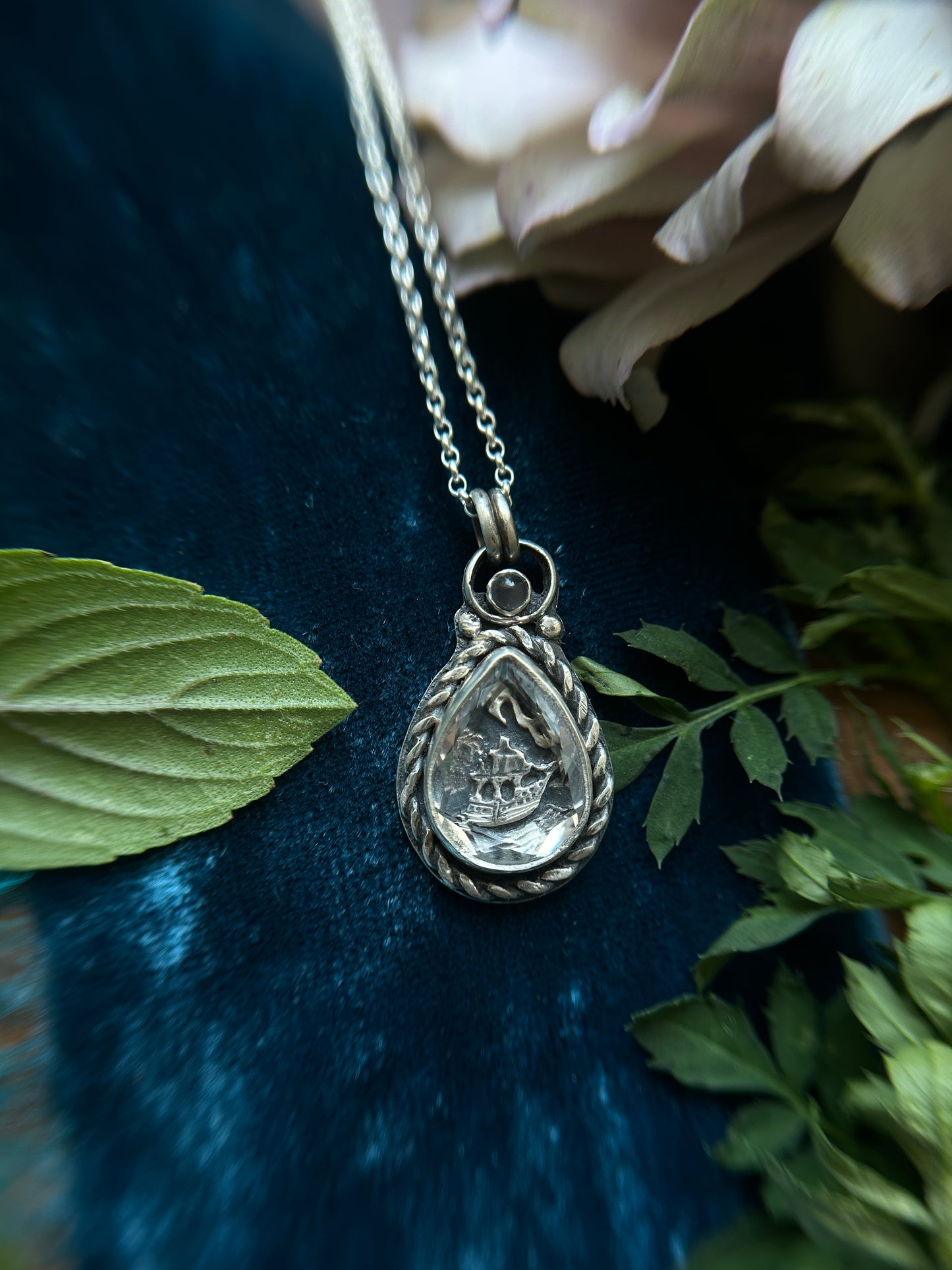 Sailing Ship through the Tempest - portrait cut quartz with grey moonstone- sterling silver jewelry