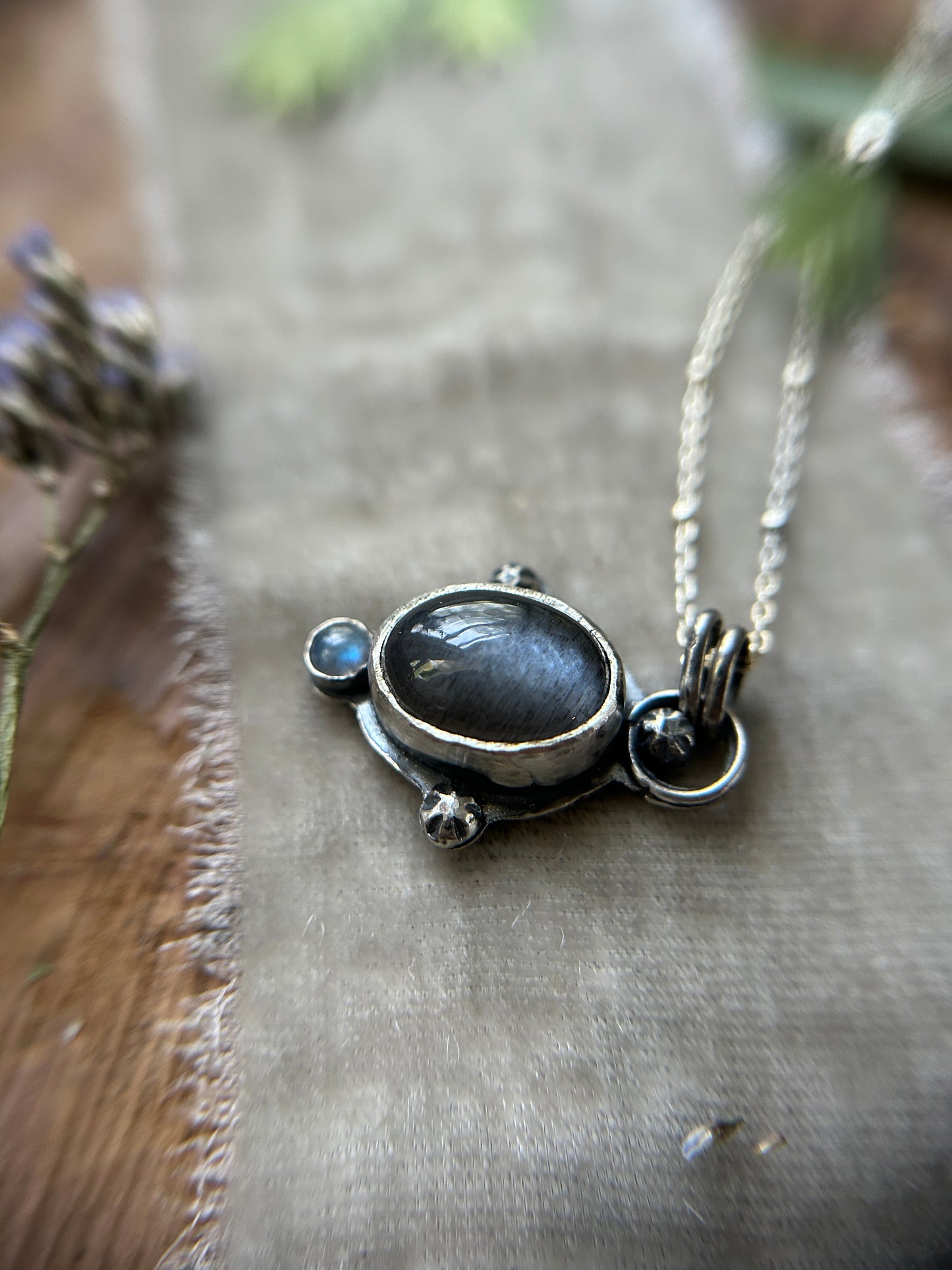 Grey Moonstone with stormy seas selkie back and labradorite necklace- sterling silver jewelry