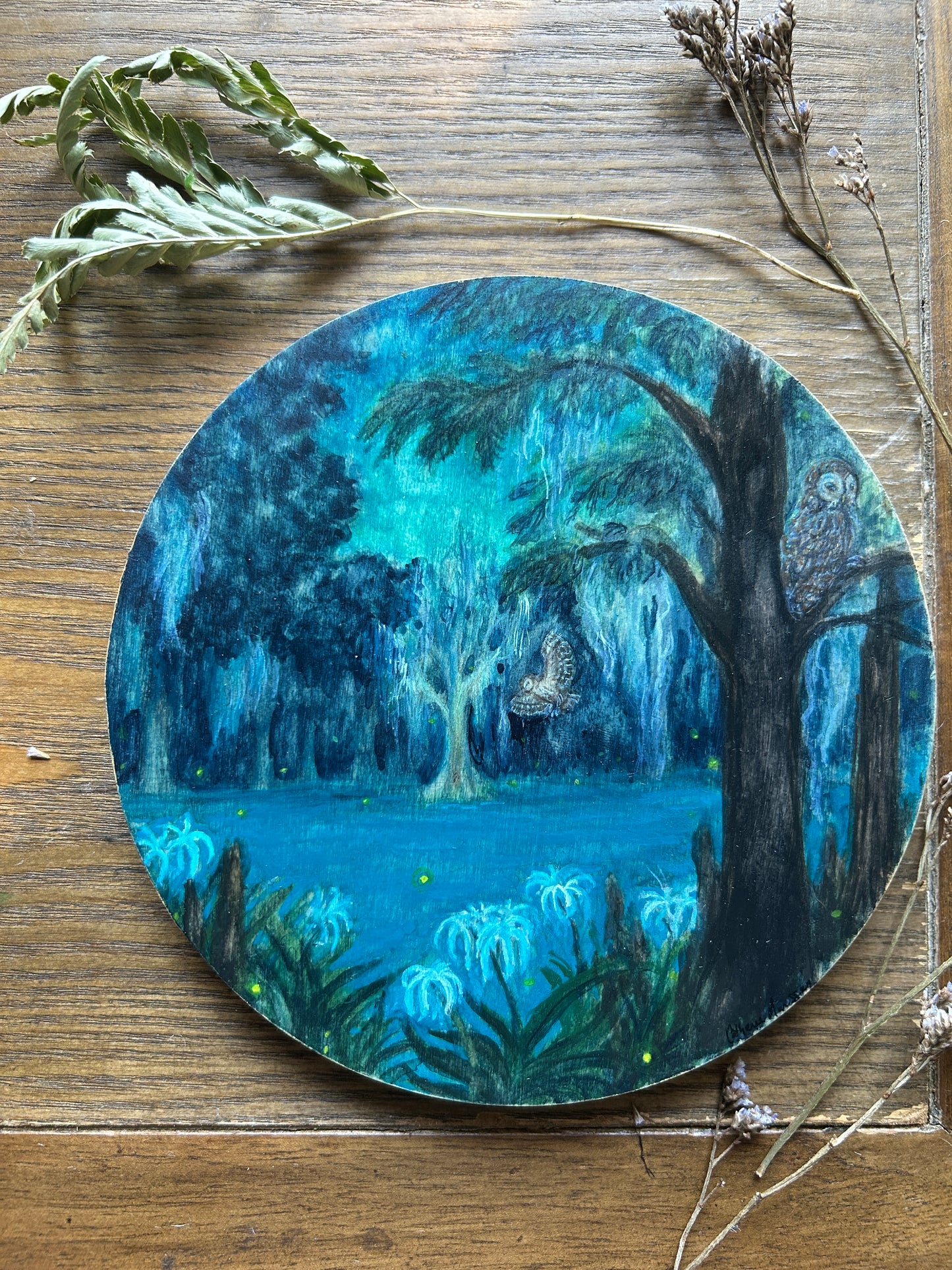 Night Ghosts of the Swamp- original round watercolor painting on wood nature owls and swamp lilies