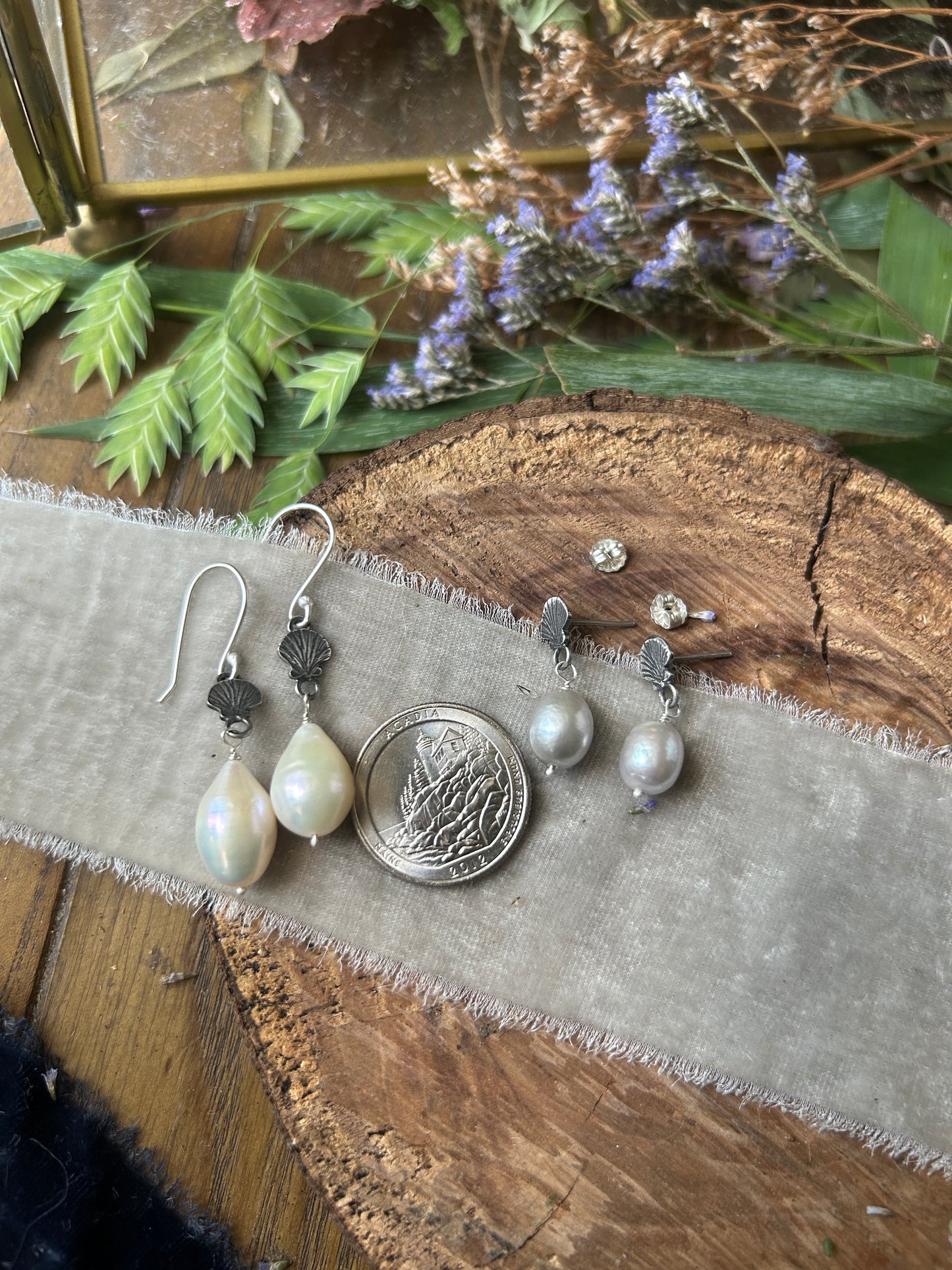 Baroque Pearl Seashell Earrings- sterling silver jewelry