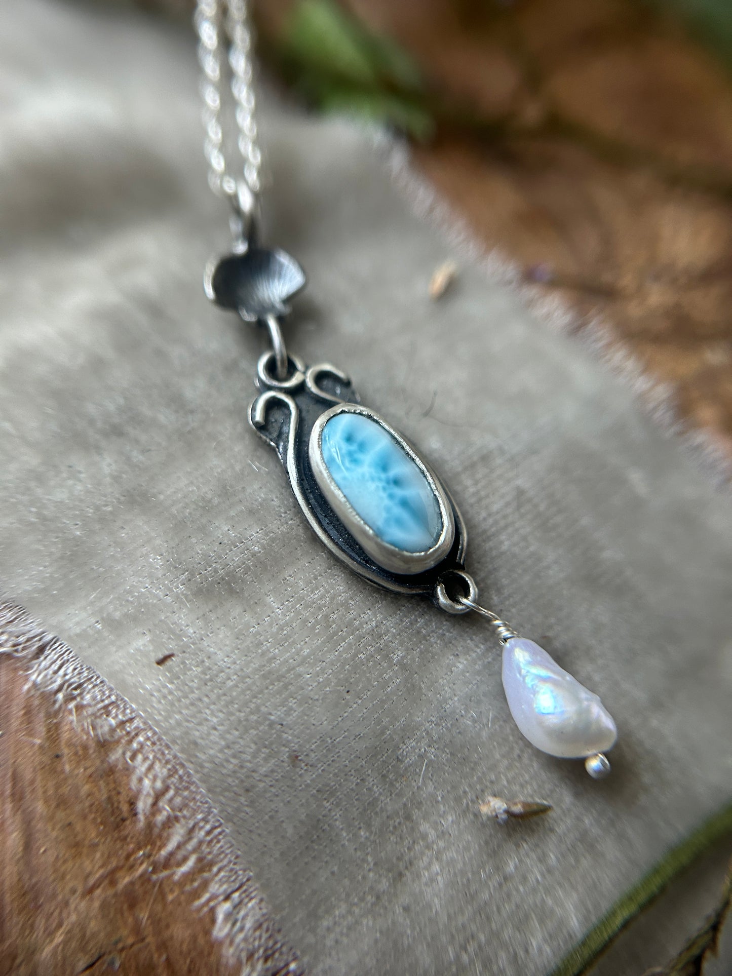 Larimar and Pearl Necklace with sailing ship- sterling silver jewelry