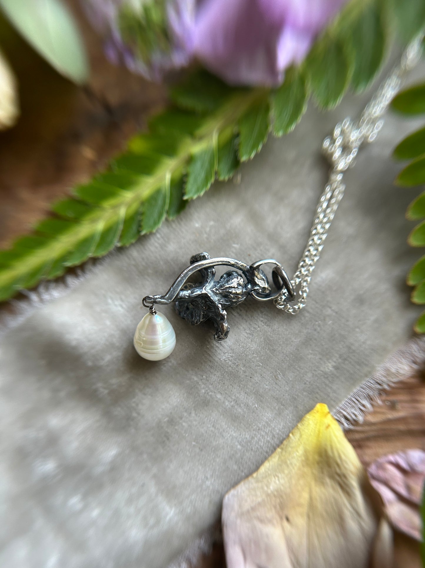 Iris with amethyst and baroque pearl drop necklace- Sterling silver jewelry