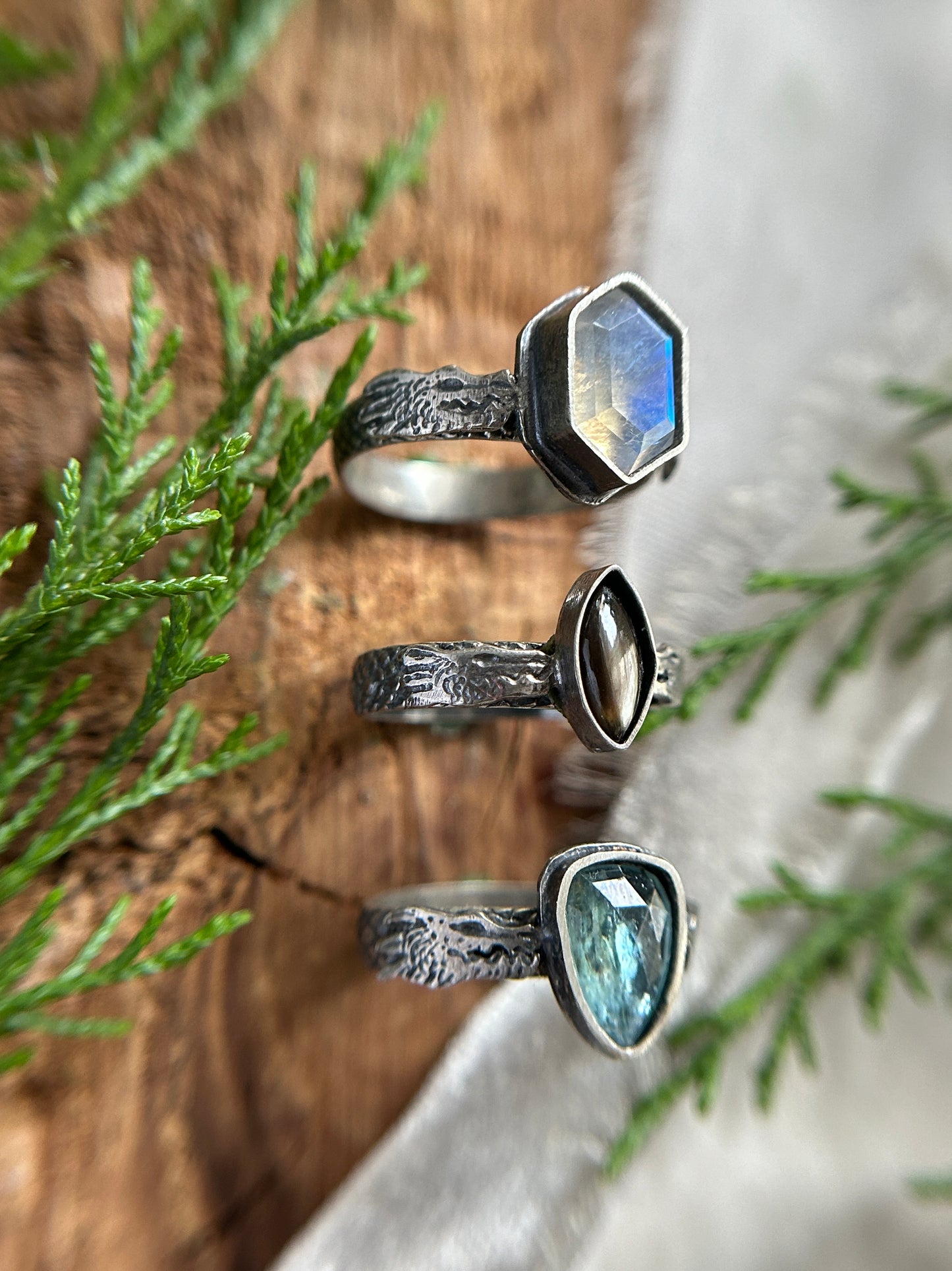 dragon ring in moonstone, star sapphire, or kyanite- finished to ring size-sterling silver dragon scale ring