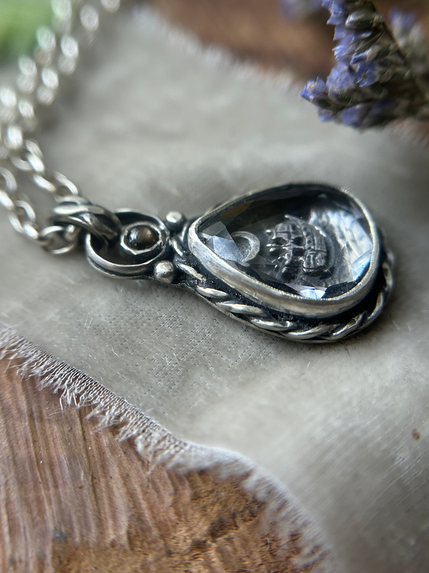 Moonlit Voyage Sailing Ship under Portrait Cut Quartz with a black star sapphire- sterling silver jewelry mourning