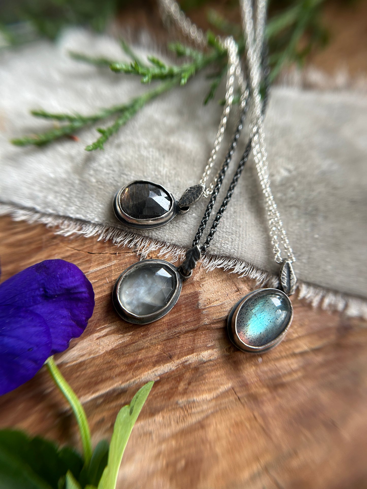 Simple Leaf Gemstone Necklace- choice of black moonstone, grey moonstone, or labradorite