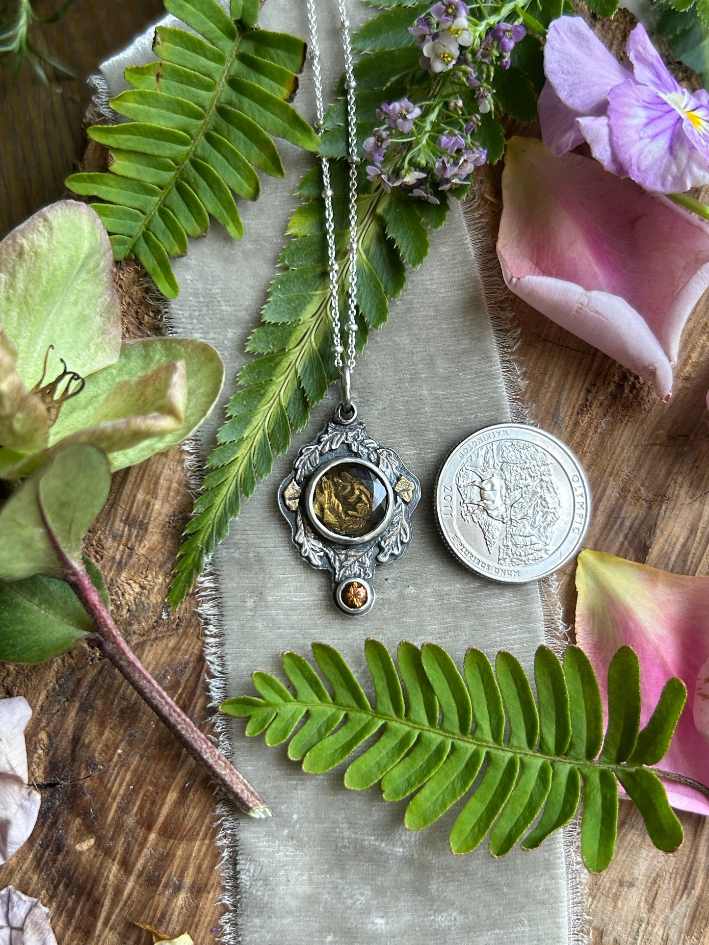 Hibernating chipmunk with portrait cut citrine & zircon necklace- Sterling silver and brass jewelry