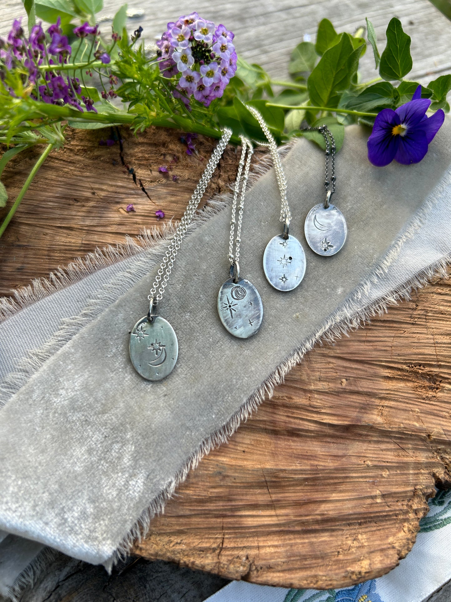 Engraved plant pendant with white sapphire necklace- sterling silver jewelry
