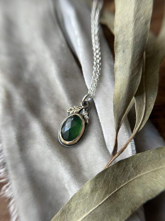 Green Serpentine and Brass Oak Leaf Necklace- sterling silver jewelry