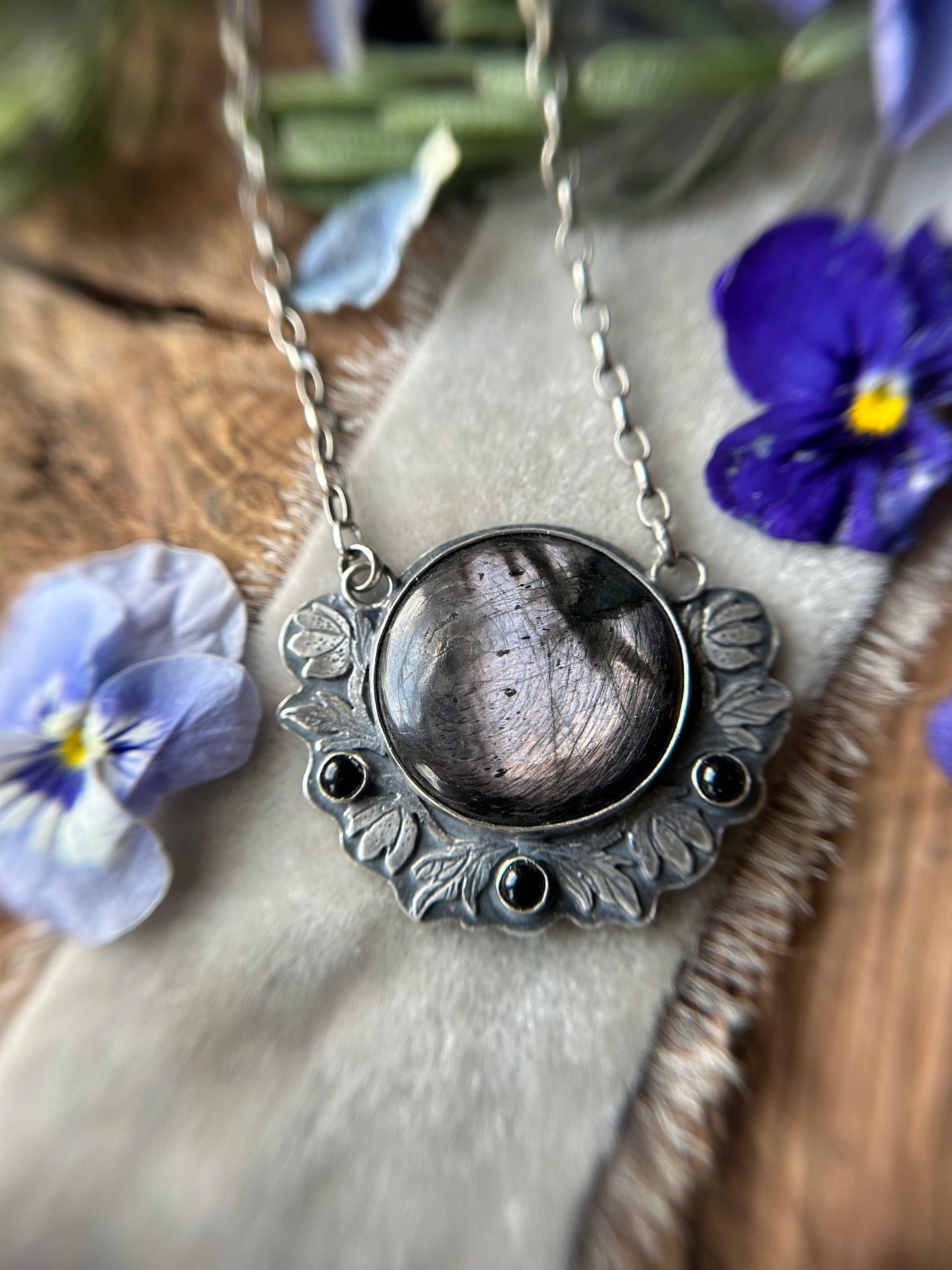 Hellebore Flowers with Hypersenthe and Black onyx- sterling silver necklace with adjustable chain